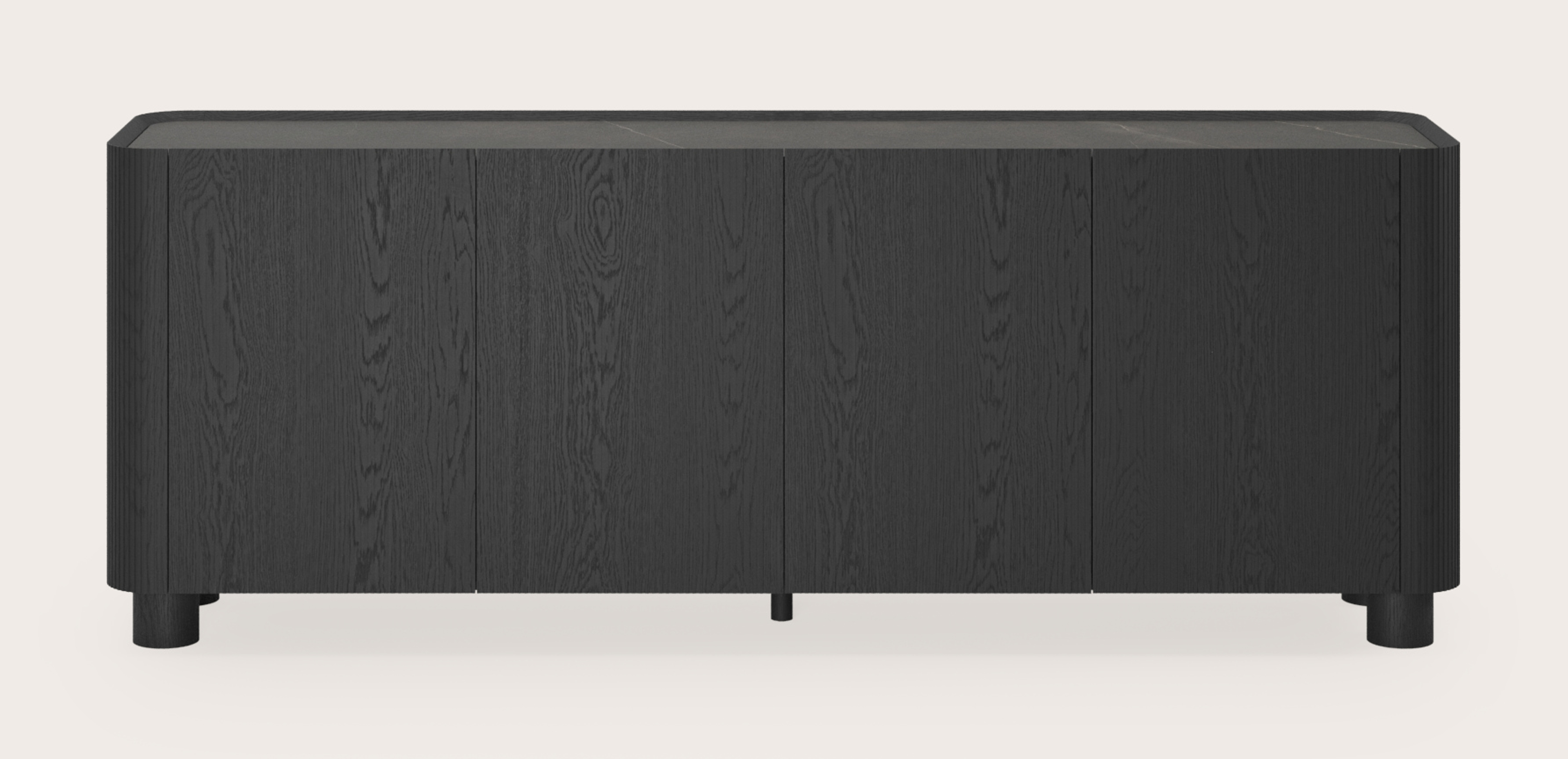 Grivato dressoir in zwarte eik met ronde poten met volkeramisch Ceramo blad in kleur Calatorao 203 x 45 cm