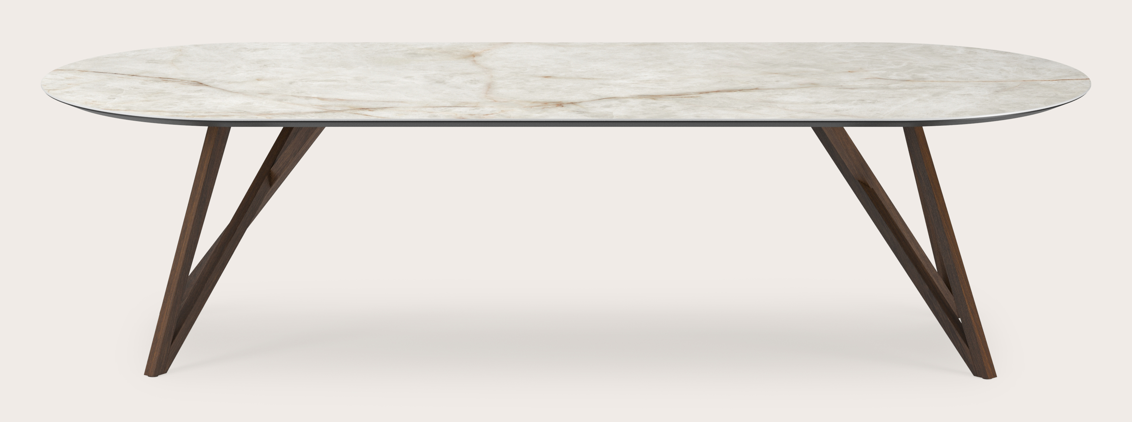 Table de salle à manger Ragno armature en chêne fumé avec plat plateau Ceramo ovale en céramique en couleur Himalaya 300 x 120 x 77 cm
