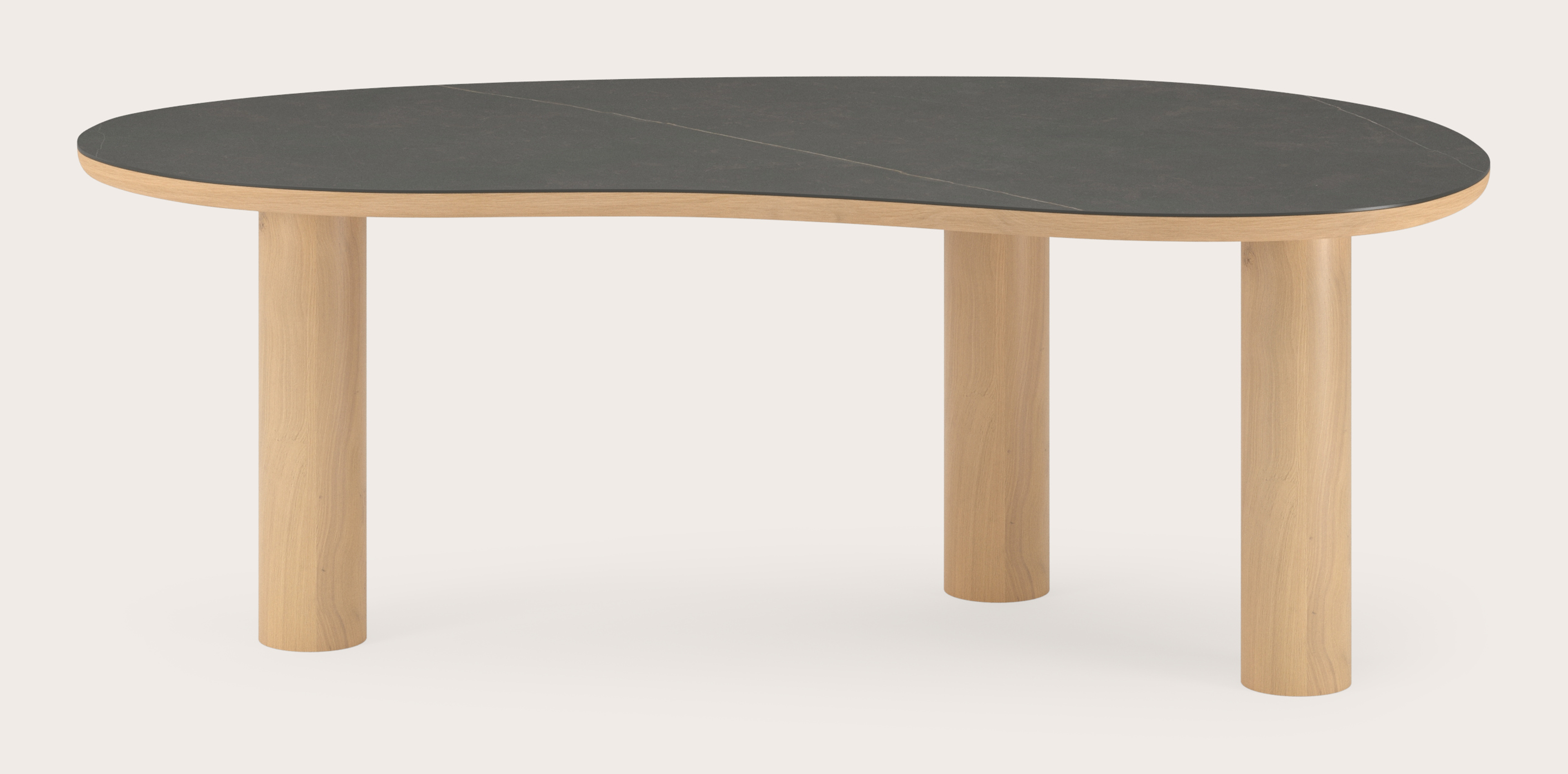 Table de salle à manger Amato Rondo armature en chêne couleur naturelle avec plateau Ceramo forme blob en céramique en couleur Calatorao 220 x 112 x 77 cm