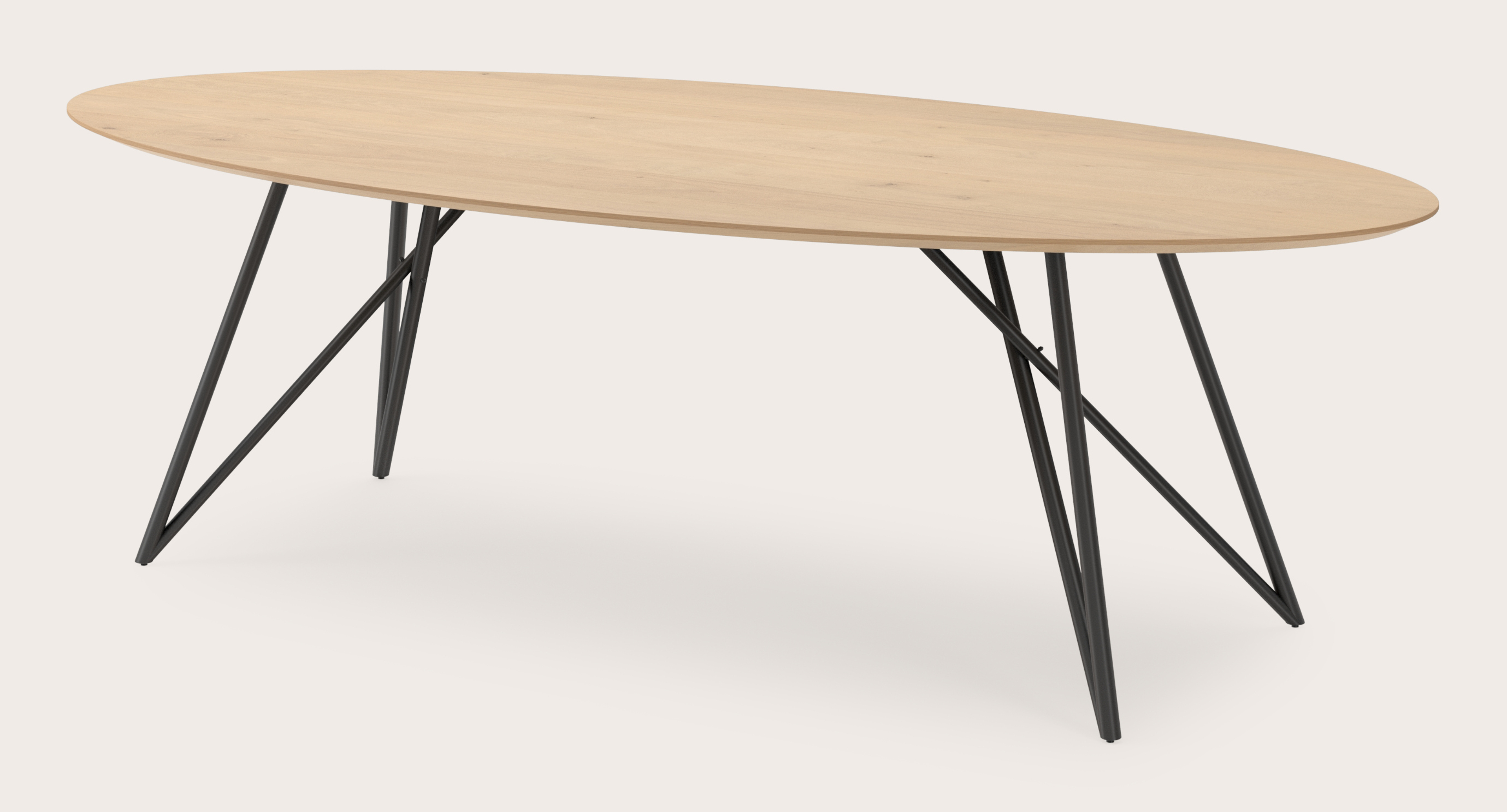 Table de salle à manger Ragno armature en métal noir avec plateau Finesso en forme ovale en chêne couleur naturelle 260 x 130 x 77 cm