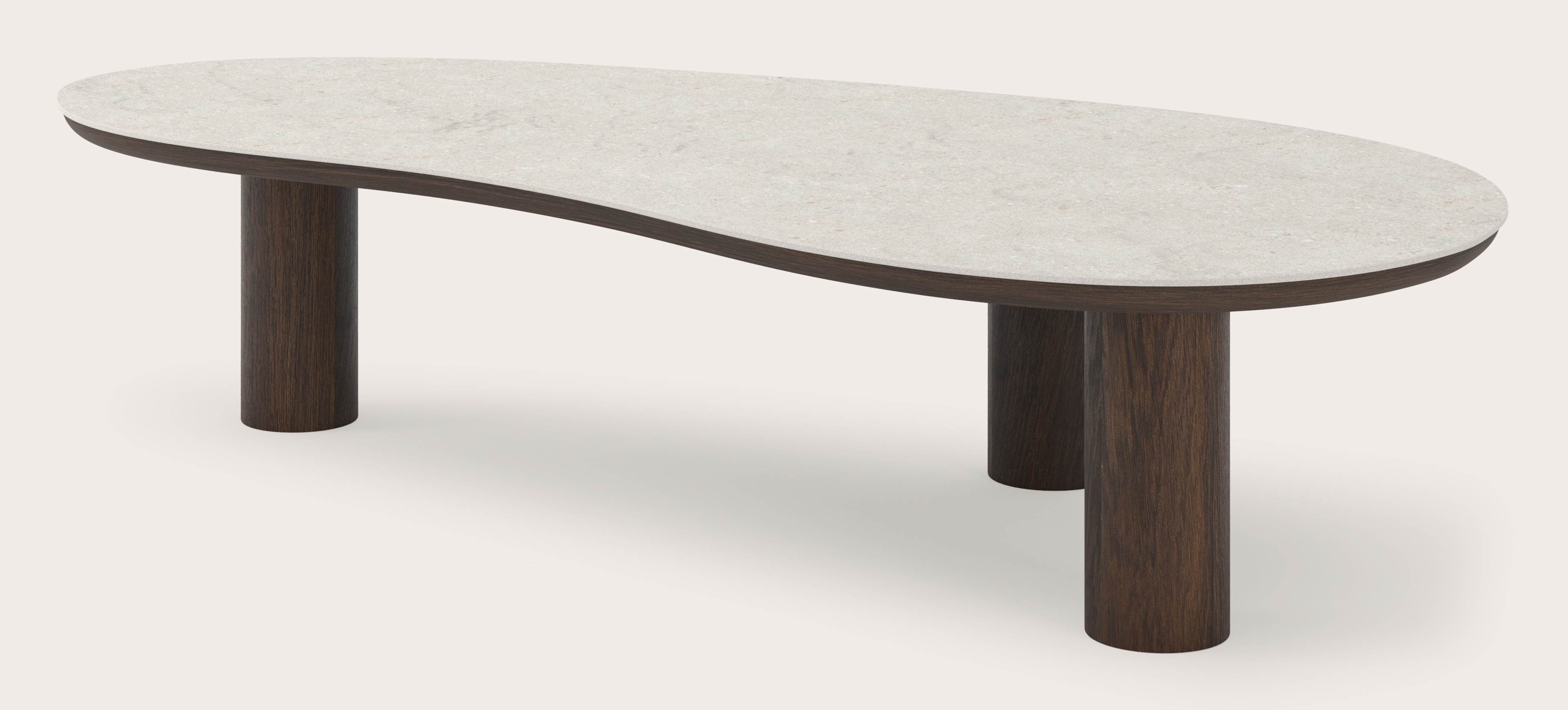 Salontafel Amato Rondo XSmall onderstel in gerookte eik met blobvormig volkeramisch Ceramo blad in kleur Shilin 157 x 80 x 34 cm