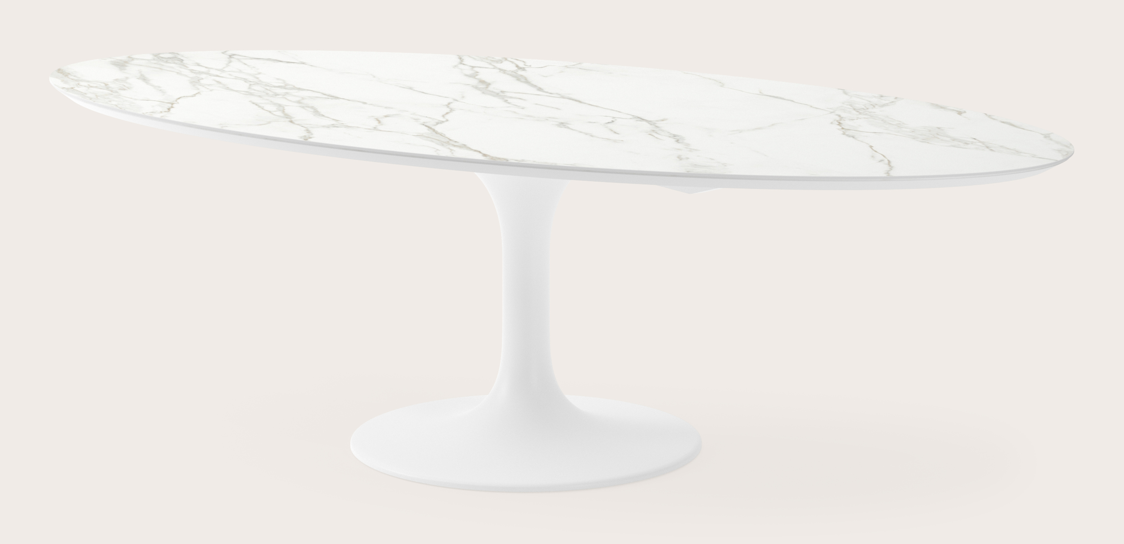 Eettafel Tulipo onderstel in wit metaal met ovaal volkeramisch Ceramo blad in kleur Calacatta 260 x 130 x 77 cm
