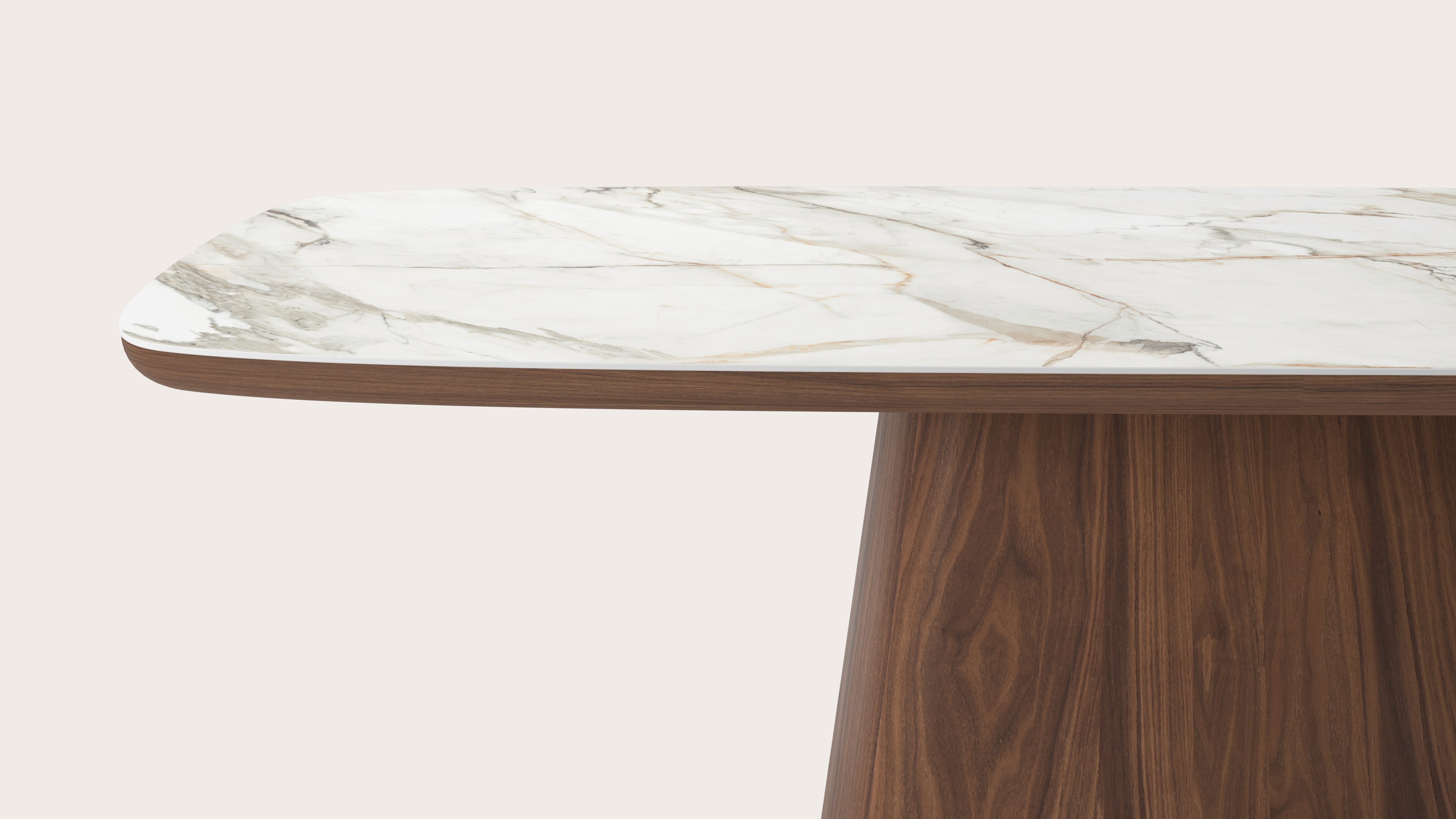Eettafel Amato Cuadro onderstel in walnoot met Bootvormig volkeramisch Ceramo blad in kleur Calacatta Luxe 220 x 105 x 77 cm