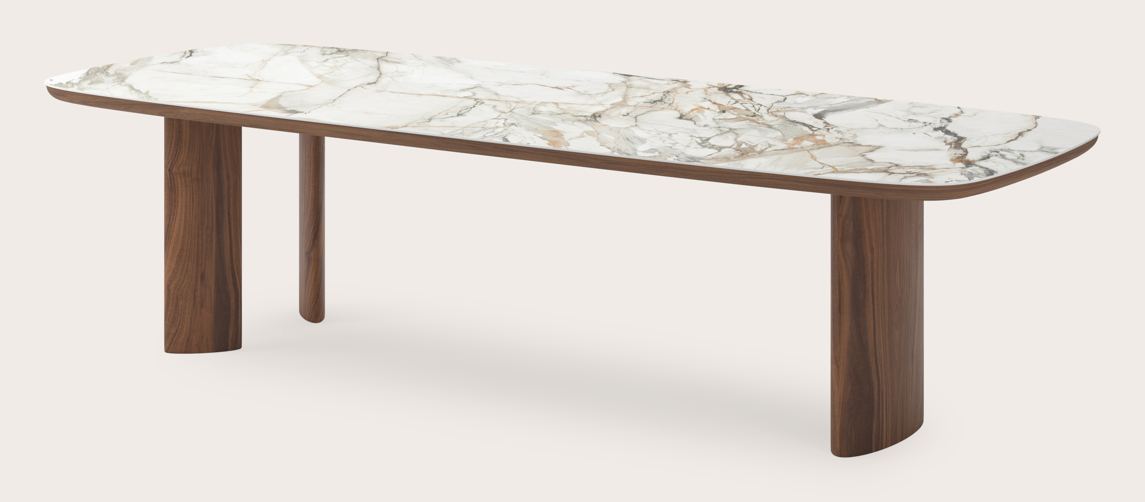 Table de salle à manger Amato Ellipso armature en noyer avec plateau Ceramo forme arrondie en céramique en couleur Calacatta Luxe 300 x 115 x 76 cm
