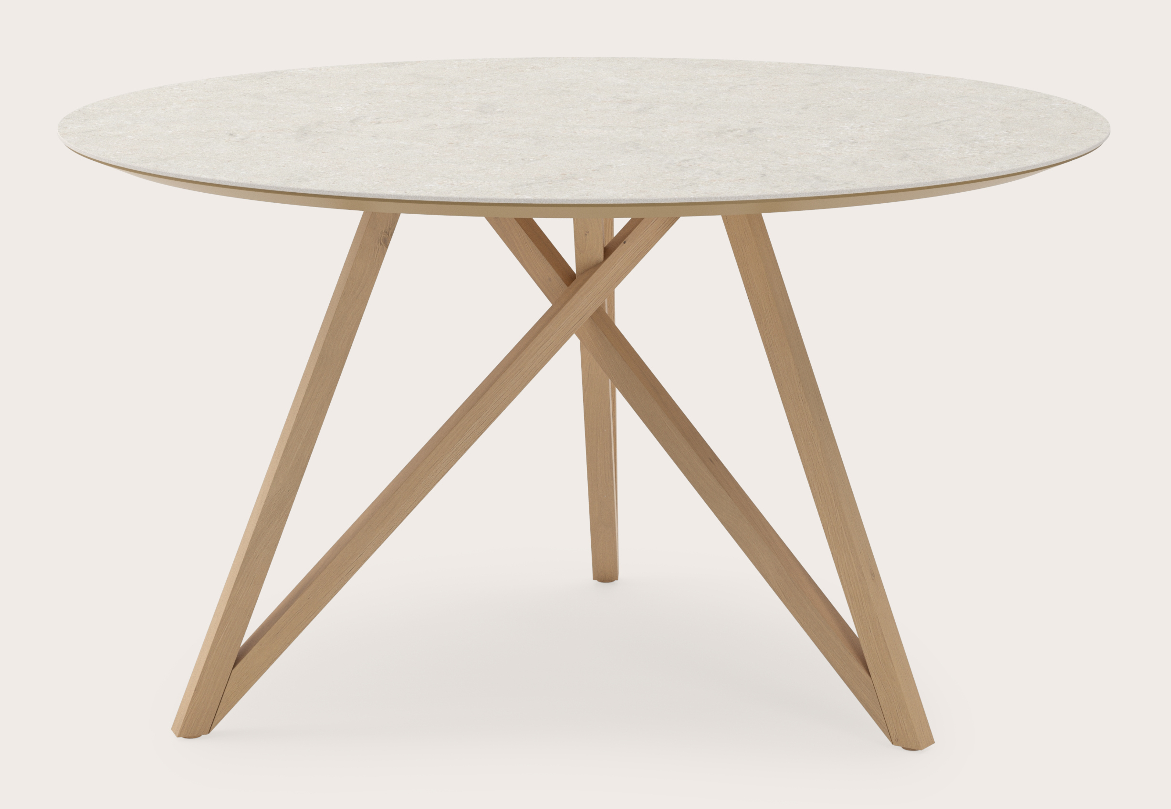 Eettafel Ragno onderstel in natuurkleurige eik met rond volkeramisch Ceramo blad in kleur Shilin Ø140 x 77 cm