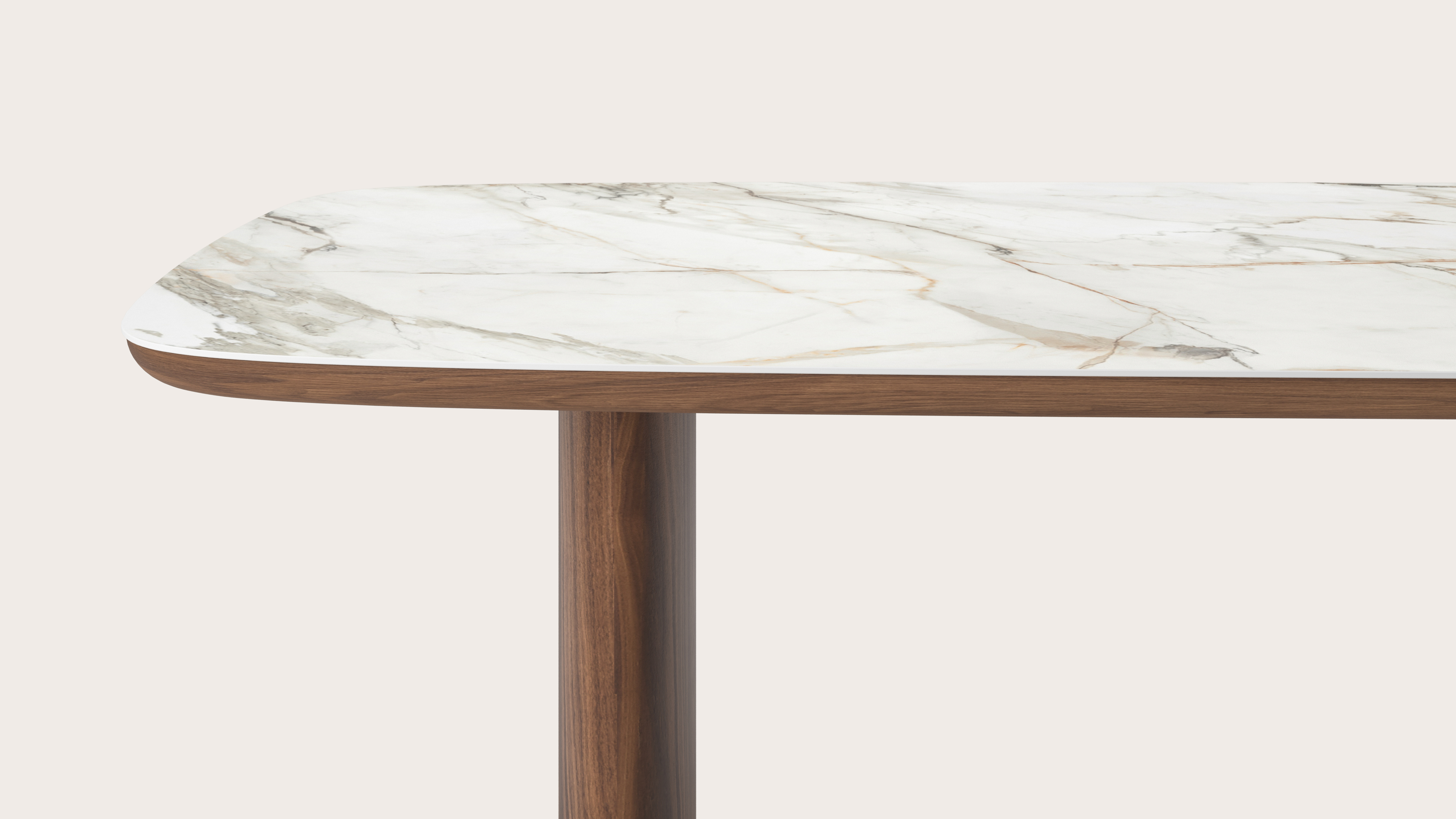 Eettafel Amato Ellipso onderstel in walnoot met bootvormig volkeramisch Ceramo blad in kleur Calacatta Luxe 300 x 115 x 76 cm