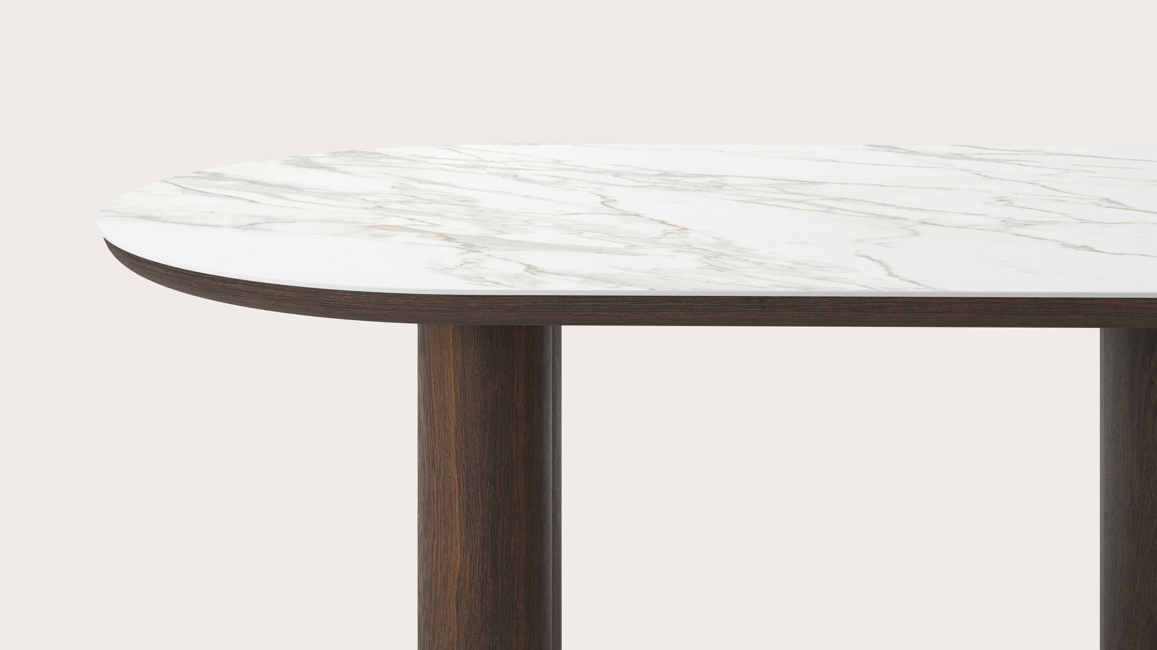 Eettafel Amato Rondo onderstel in gerookte eik met plat ovaal volkeramisch Ceramo blad in kleur Calacatta 220 x 110 x 76 cm