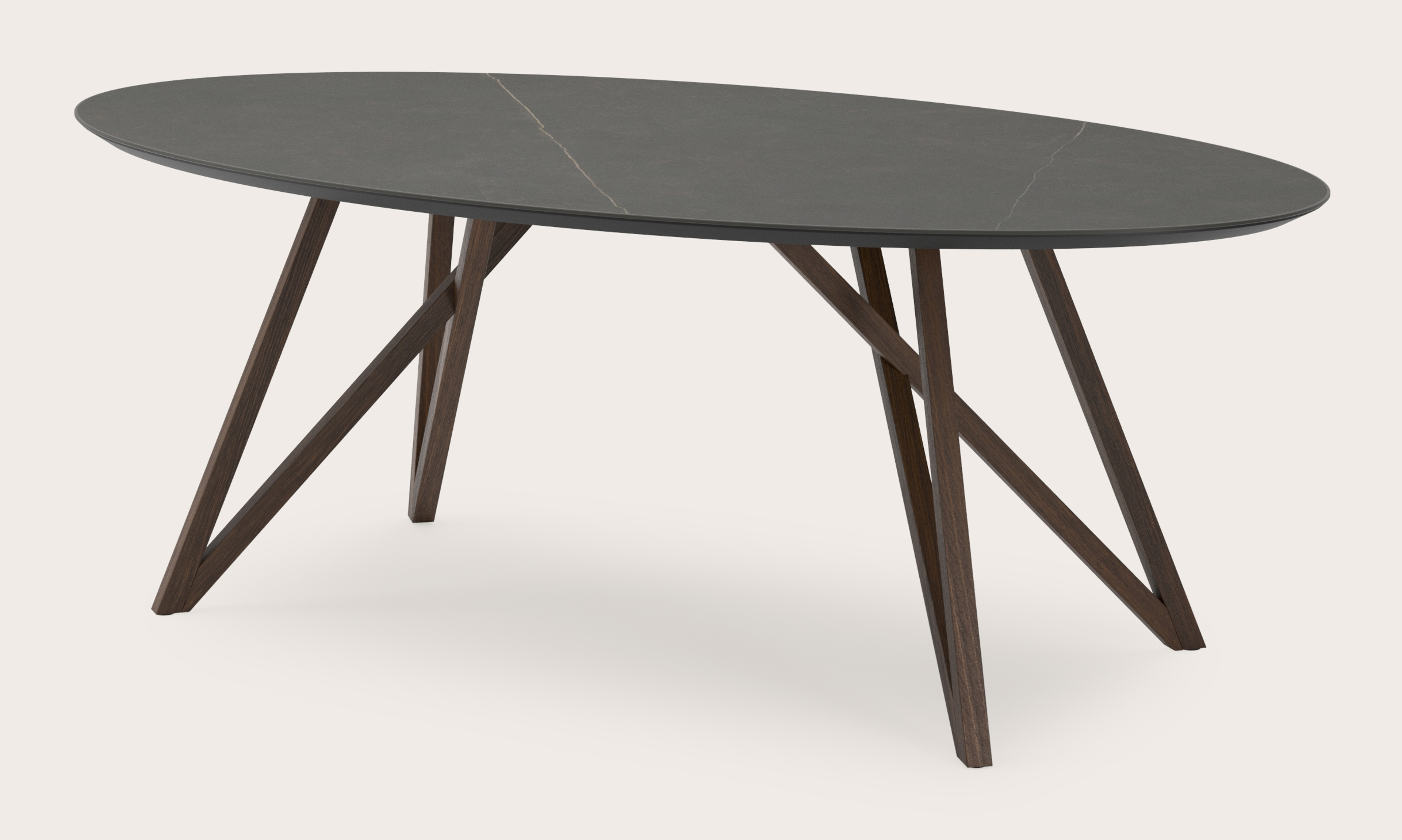 Table de salle à manger Ragno armature en chêne fumé avec plateau Ceramo ovale en céramique en couleur Calatorao 220 x 120 x 77 cm