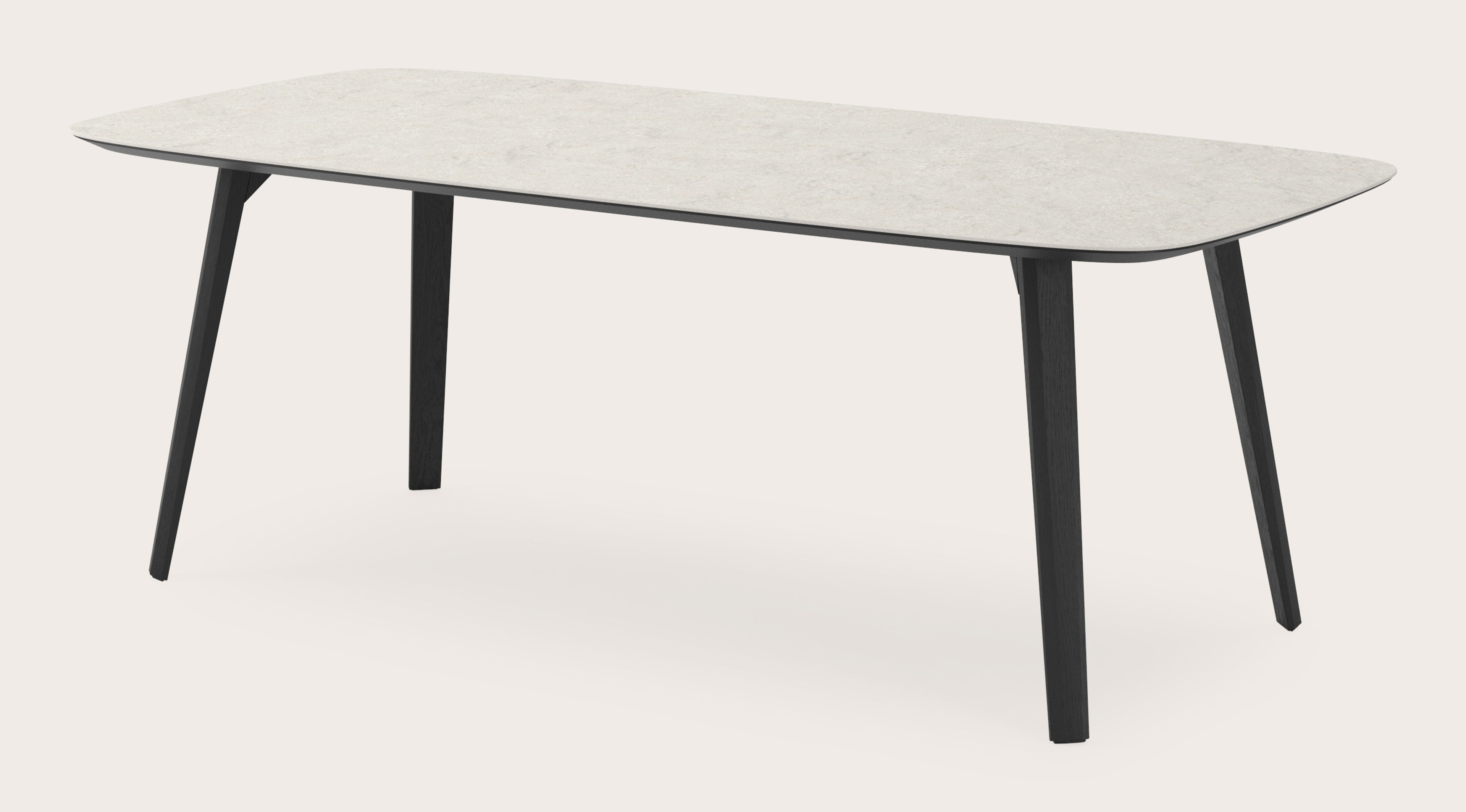Eettafel Clino onderstel in zwarte eik met bootvormig volkeramisch Ceramo blad in kleur Shilin 220 x 105 x 77 cm