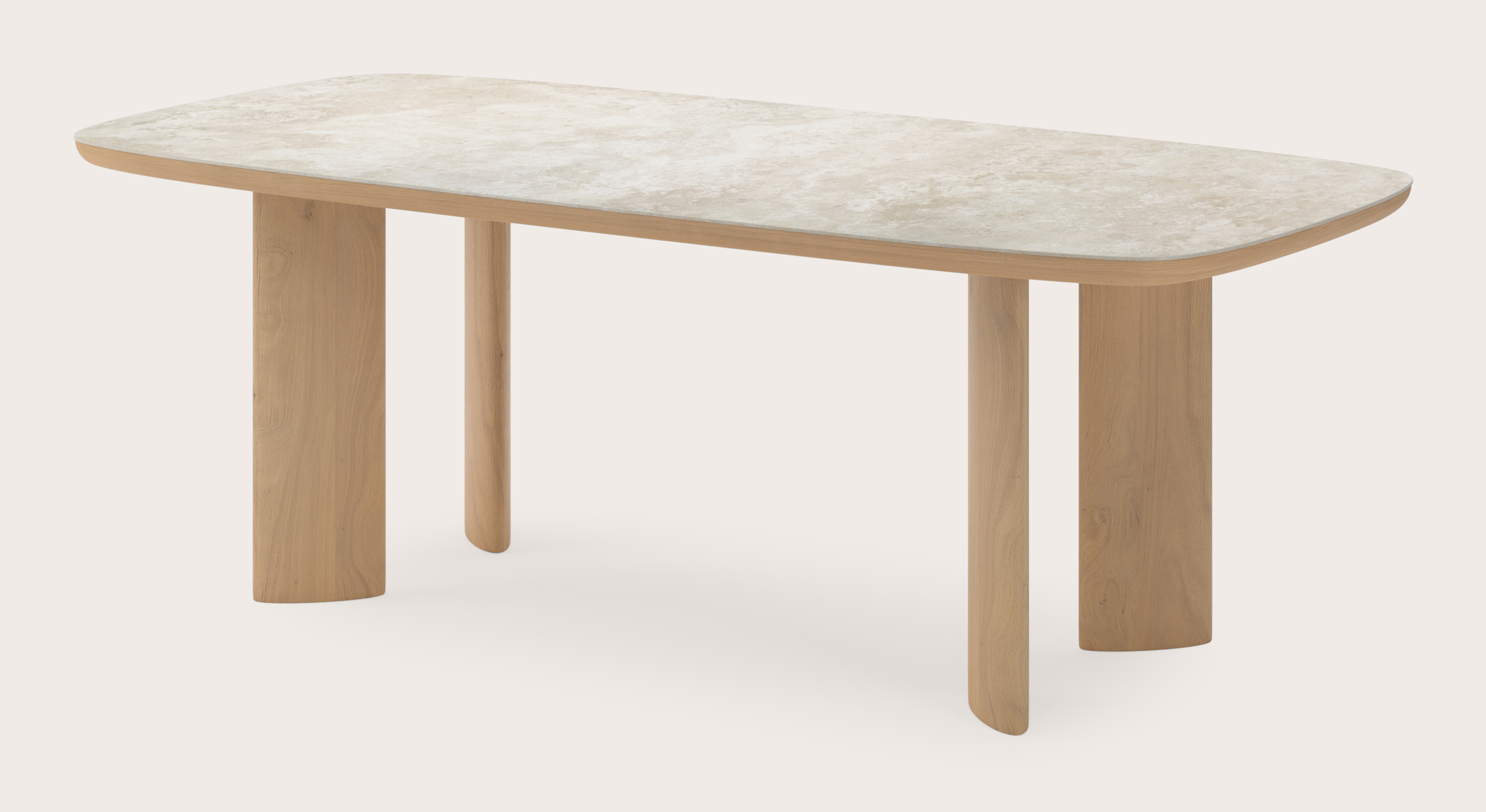Eettafel Amato Ellipso onderstel in natuurkleurige eik met bootvormig volkeramisch Ceramo blad in kleur Rapolano 220 x 105 x 76 cm
