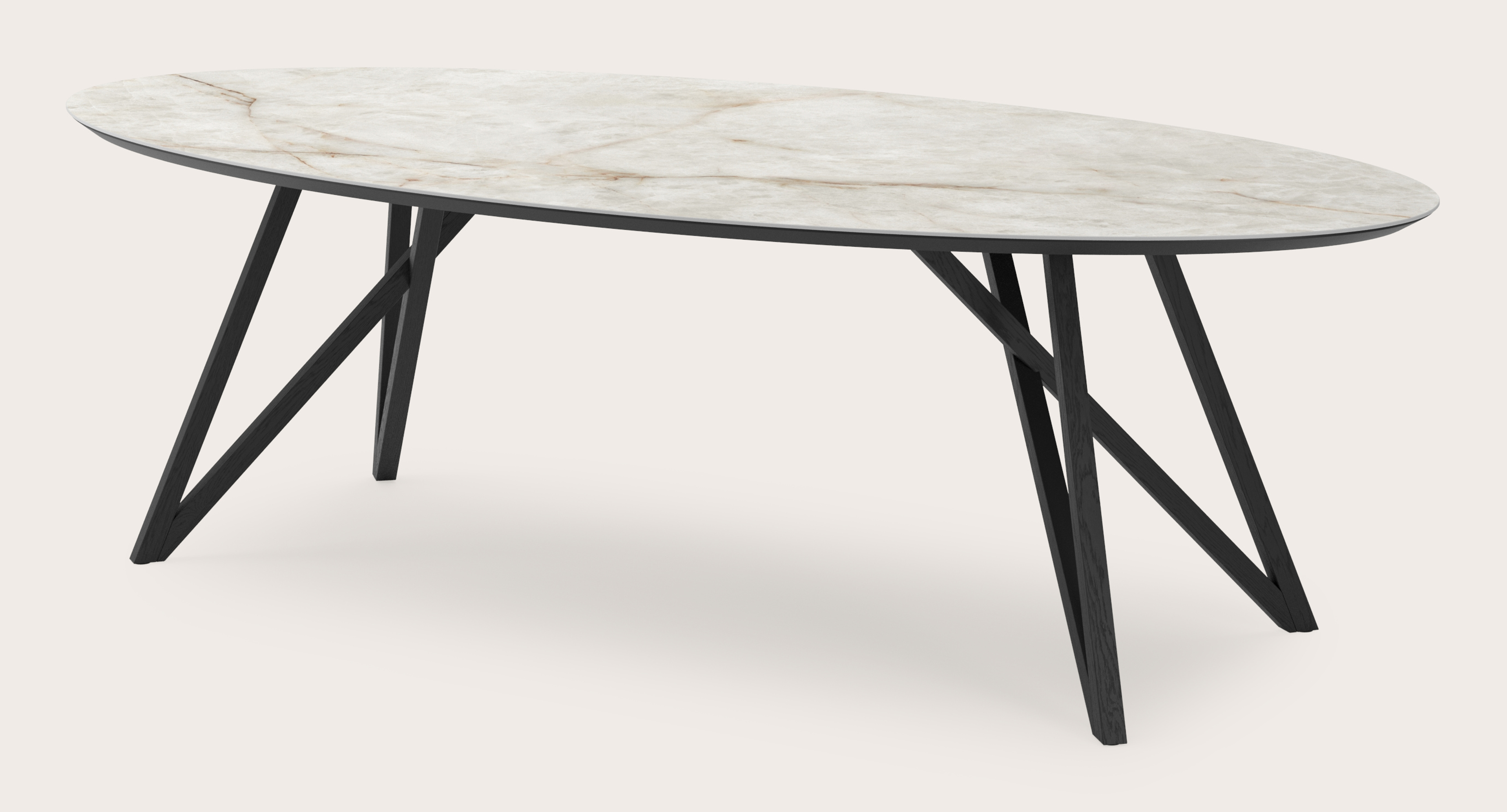 Eettafel Ragno onderstel in zwarte eik met ovaal volkeramisch Ceramo blad in kleur Himalaya 260 x 130 x 77 cm