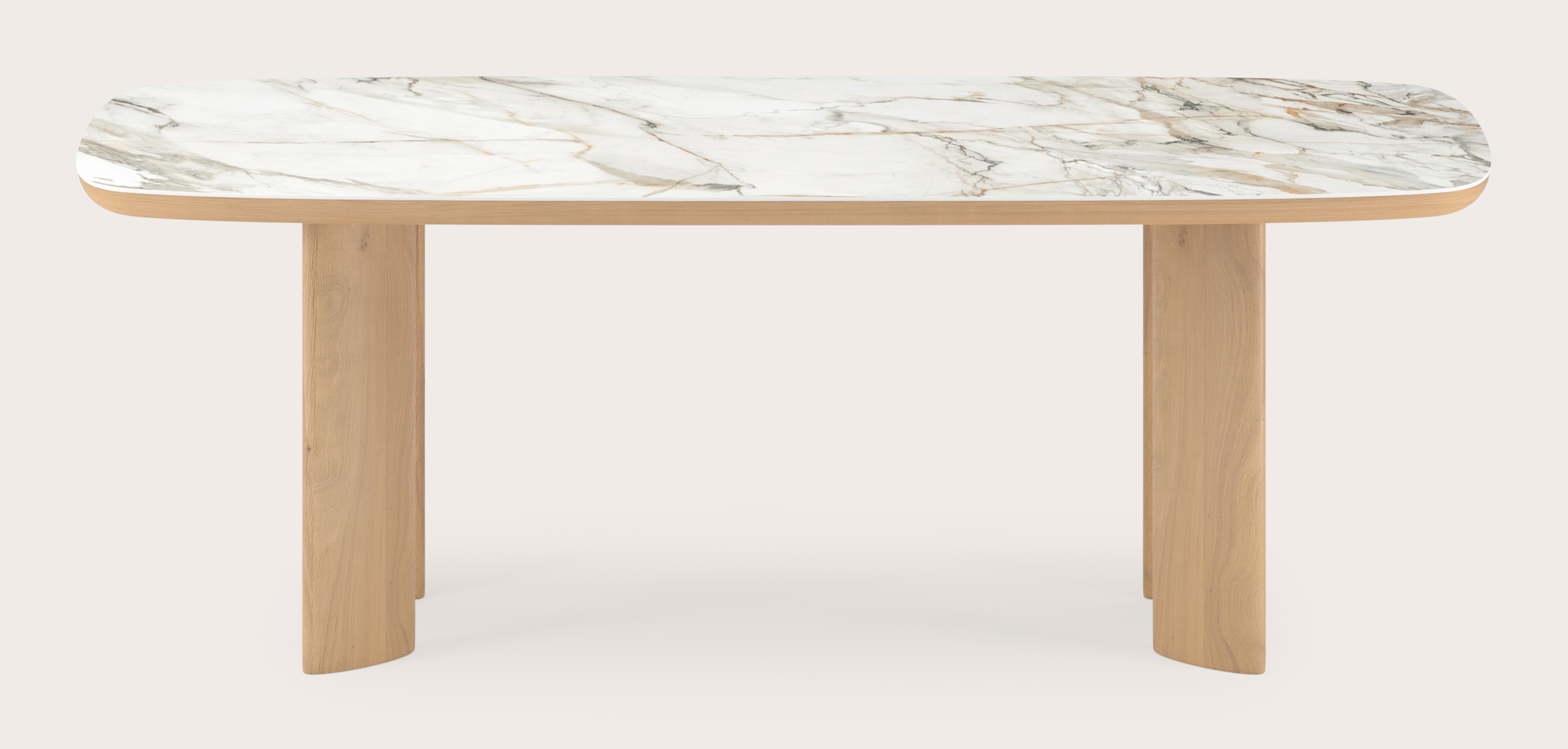 Table de salle à manger Amato Ellipso armature en chêne couleur naturelleavec plateau Ceramo forme arrondie en céramique en couleur Calacatta Luxe 220 x 105 x 76 cm