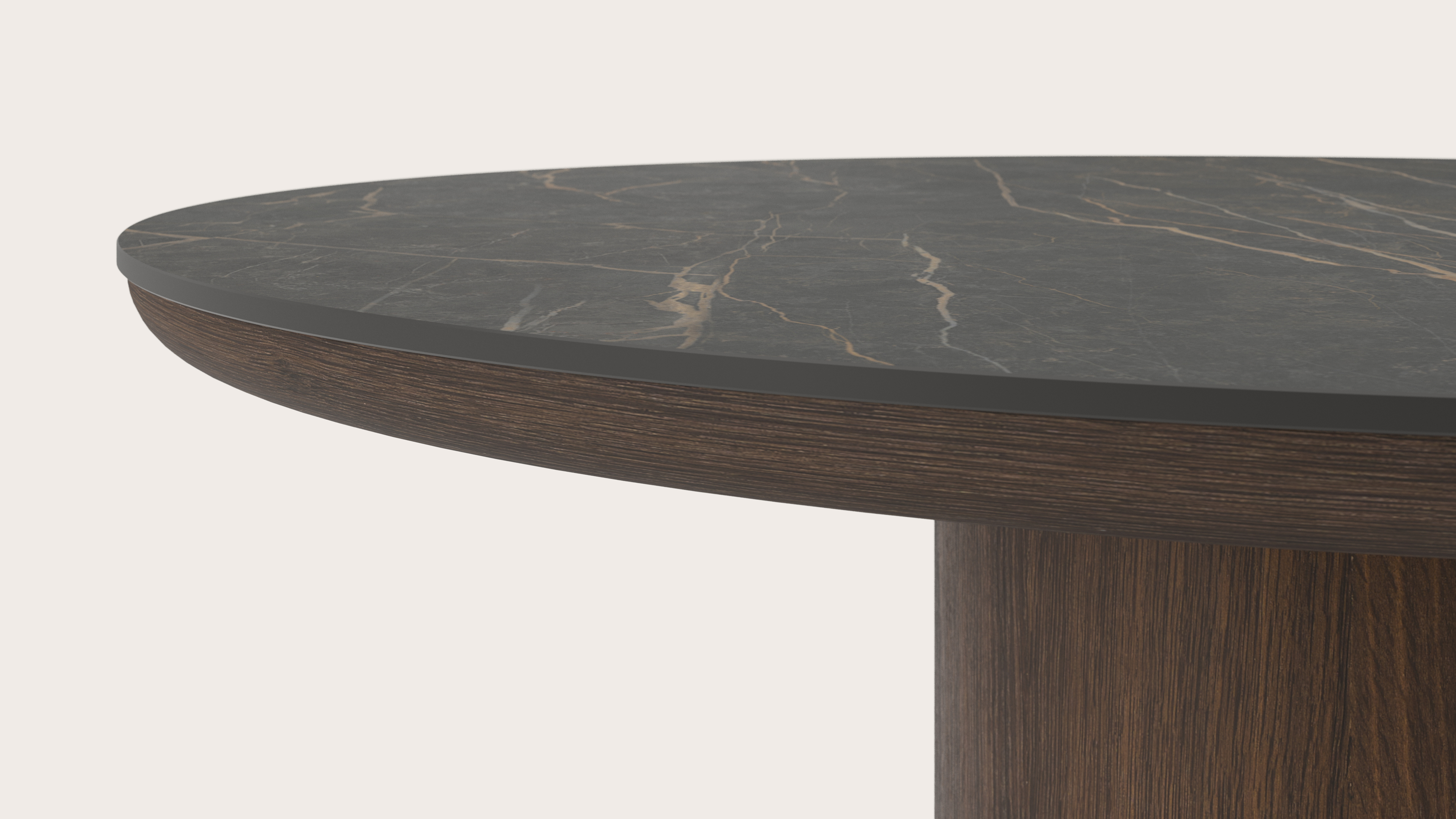 Table de salle à manger Amato Rondo armature en chêne fumé avec plateau Ceramo rond en céramique en couleur Black Obsession Ø140 x 76 cm
