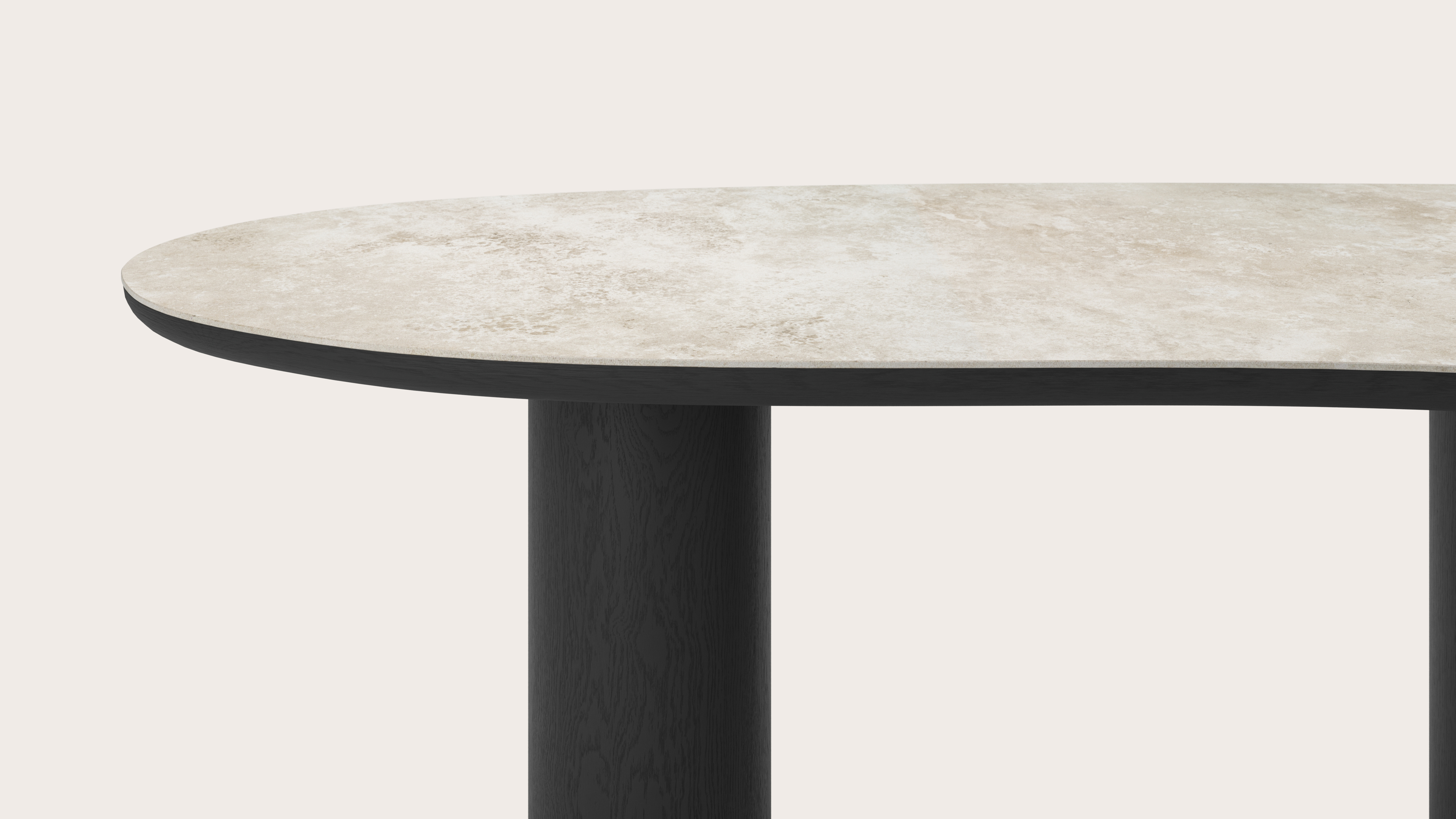 Eettafel Amato Rondo onderstel in zwarte eik met Blobvormig volkeramisch Ceramo blad in kleur Rapolano 260 x 117 x 77 cm