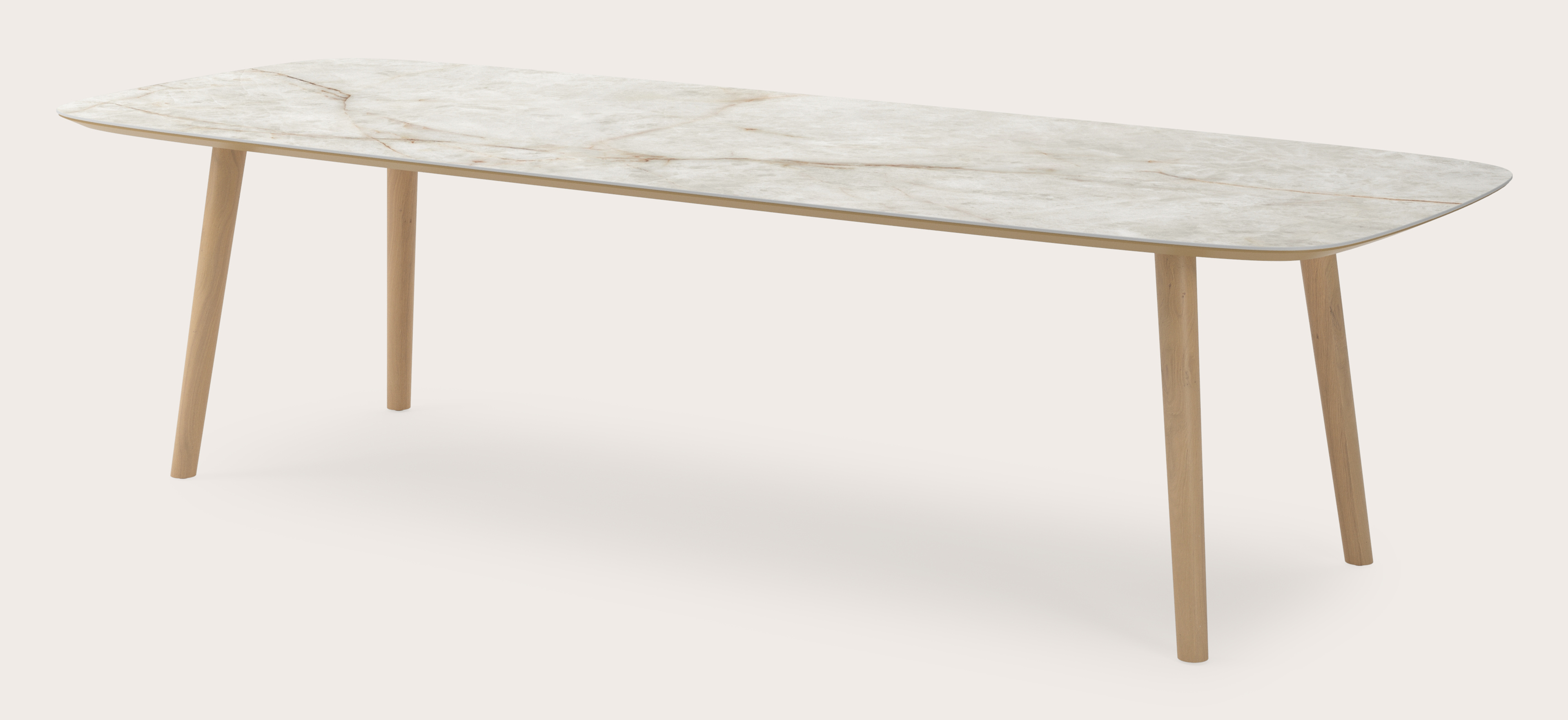 Table de salle à manger Conico armature en chêne couleur naturelle avec plateau Ceramo forme arrondi en céramique en couleur Himalaya 300 x 115 x 77 cm