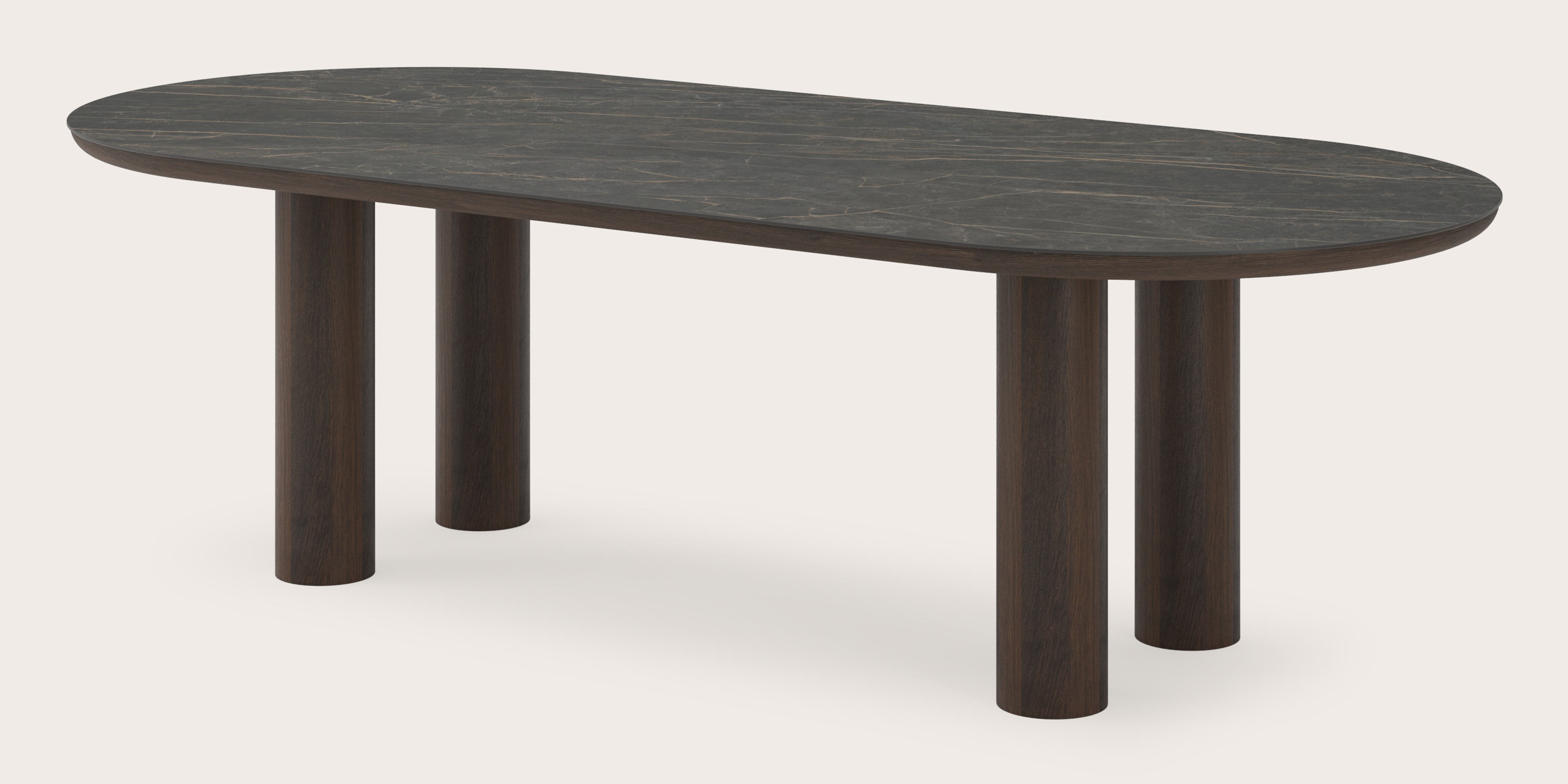 Table de salle à manger Amato Rondo armature en chêne fumé avec plateau Ceramo ovale plat en céramique en couleur Black Obsession 260 x 115 x 76 cm