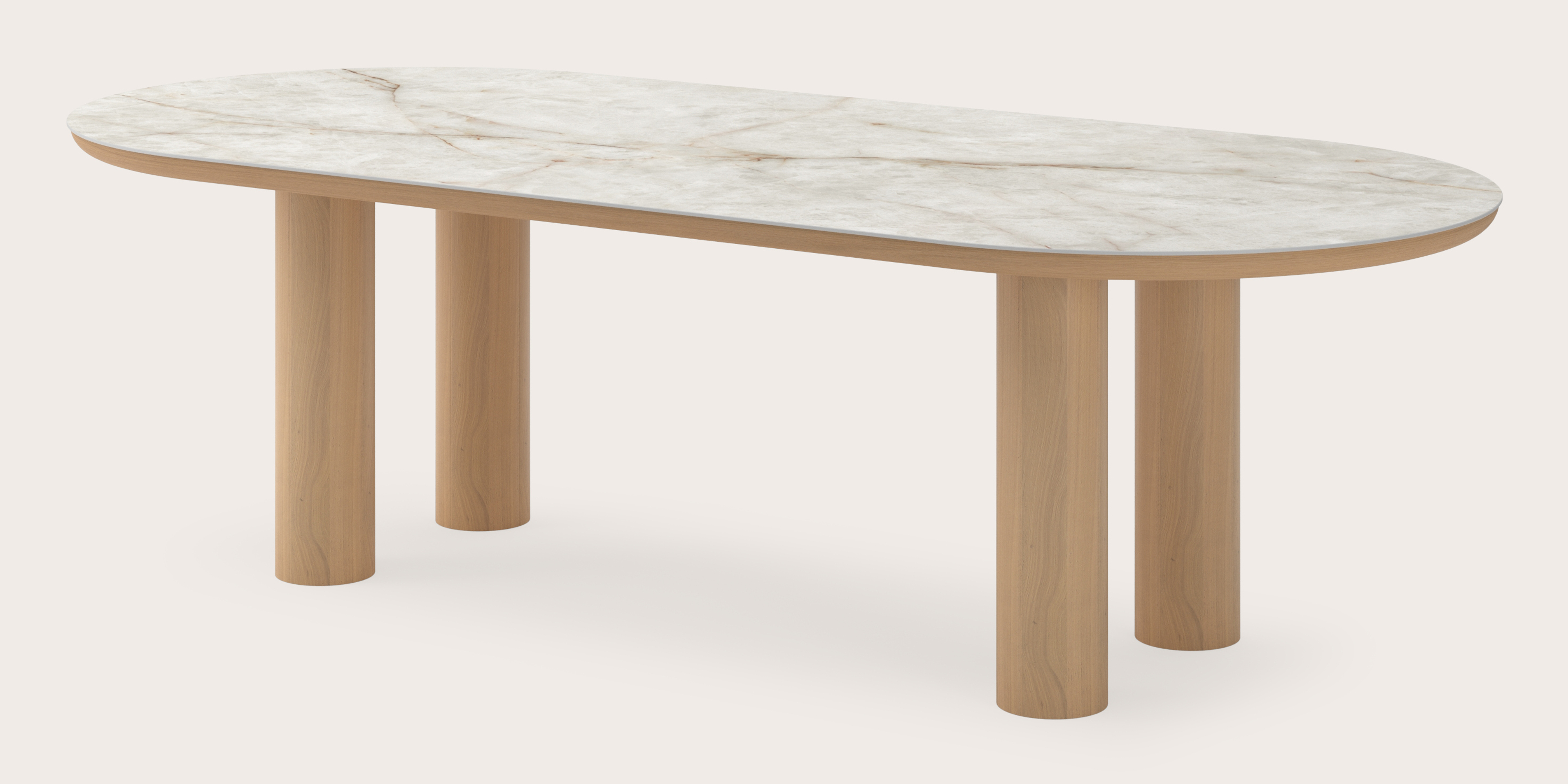 Table de salle à manger Amato Rondo armature en chêne couleur naturelleavec plateau Ceramo ovale plat en céramique en couleur Himalaya 260 x 115 x 76 cm