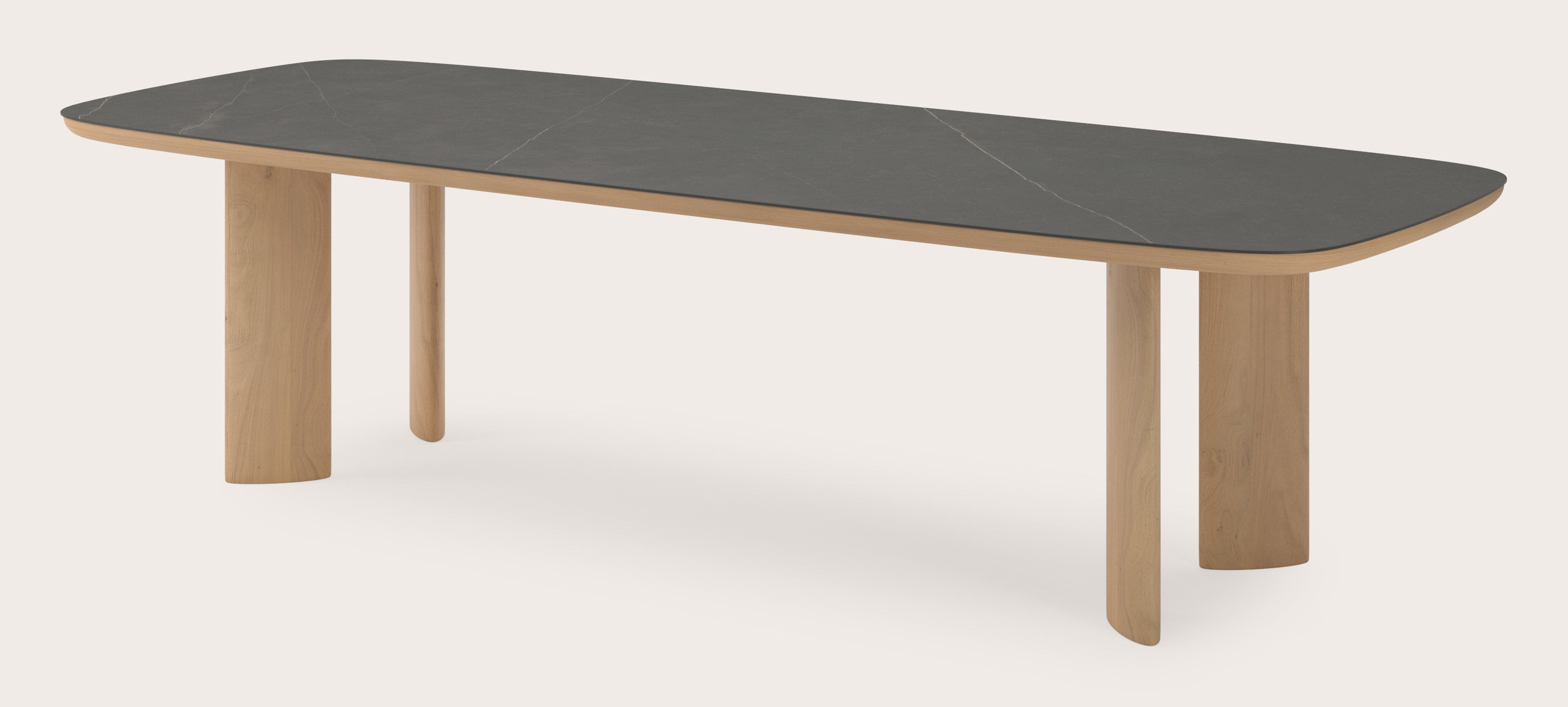 Table de salle à manger Amato Ellipso armature en chêne couleur naturelleavec plateau Ceramo forme arrondie en céramique en couleur Calatorao 300 x 115 x 76 cm
