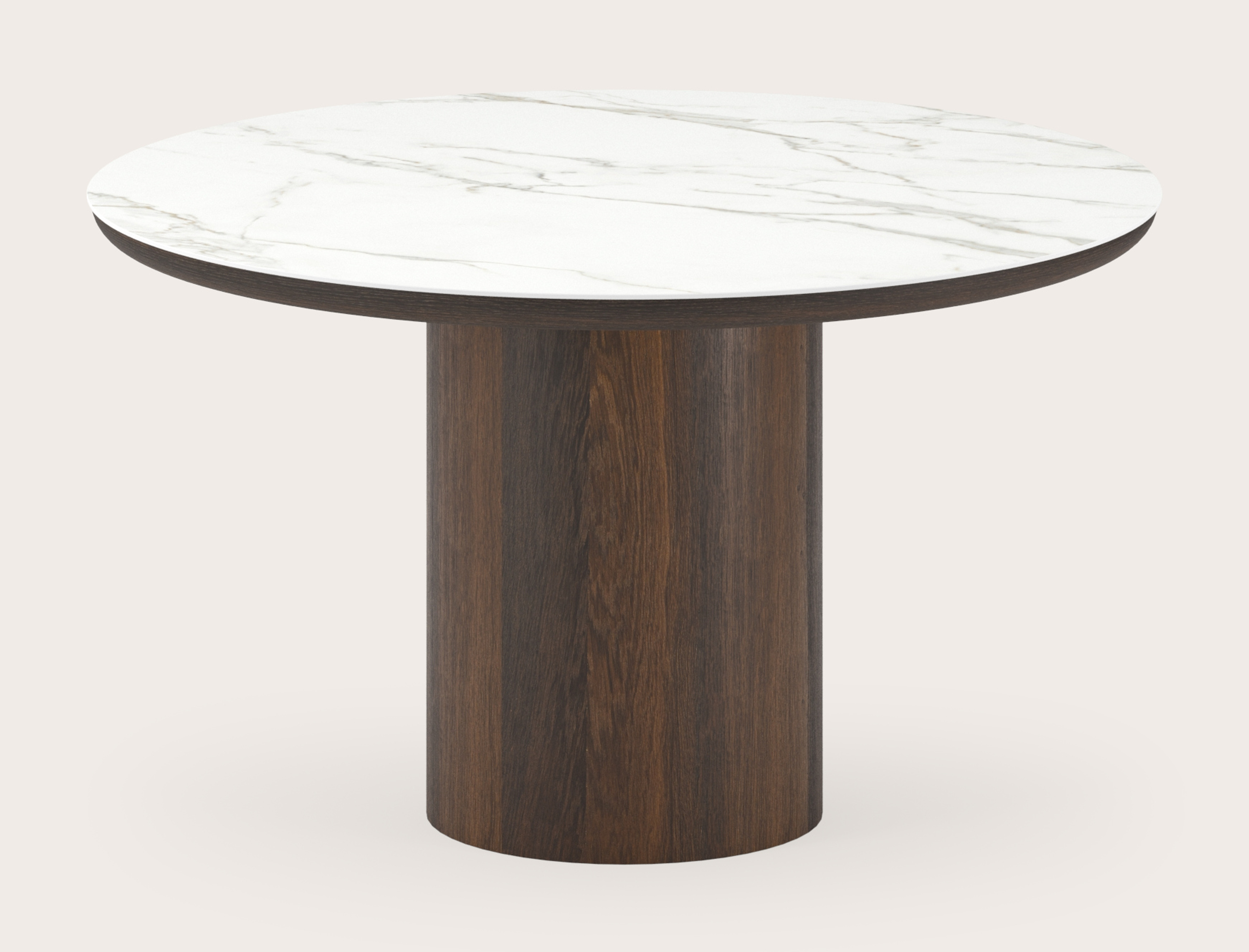 Table de salle à manger Amato Rondo armature en chêne fumé avec plateau Ceramo rond en céramique en couleur Calacatta Ø130 x 76 cm