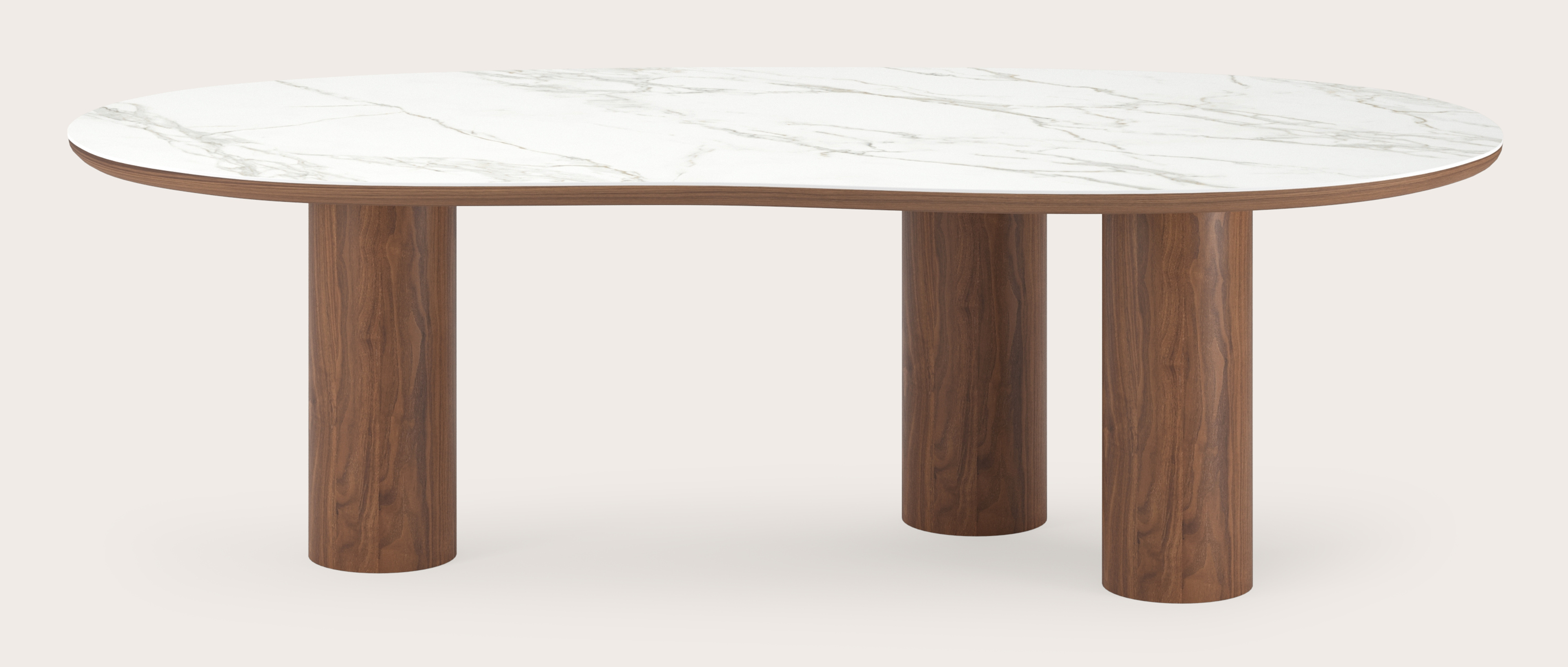 Eettafel Amato Rondo onderstel in walnoot met Blobvormig volkeramisch Ceramo blad in kleur Calacatta 260 x 117 x 77 cm