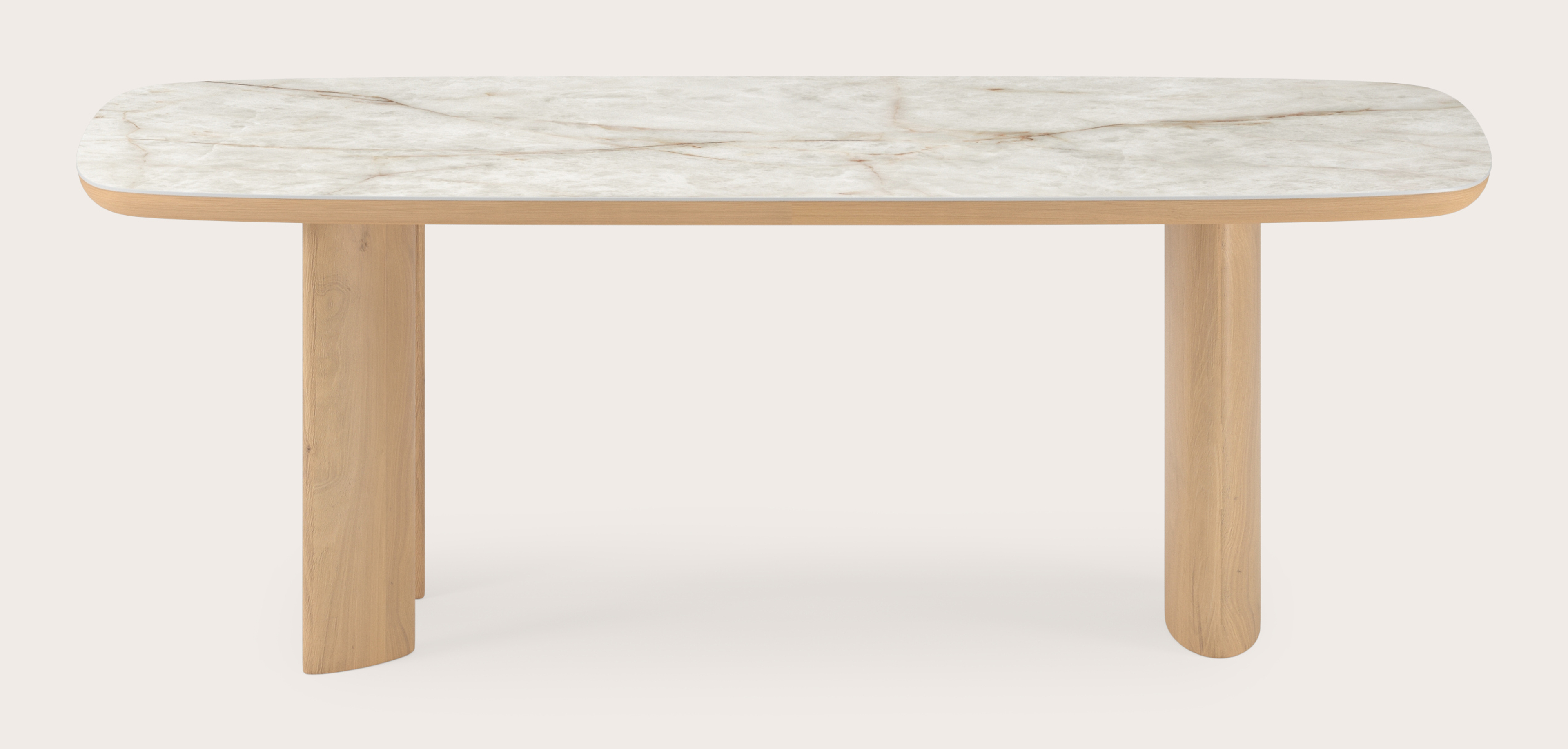 Eettafel Amato Ellipso onderstel in natuurkleurige eik met bootvormig volkeramisch Ceramo blad in kleur Himalaya 220 x 105 x 76 cm