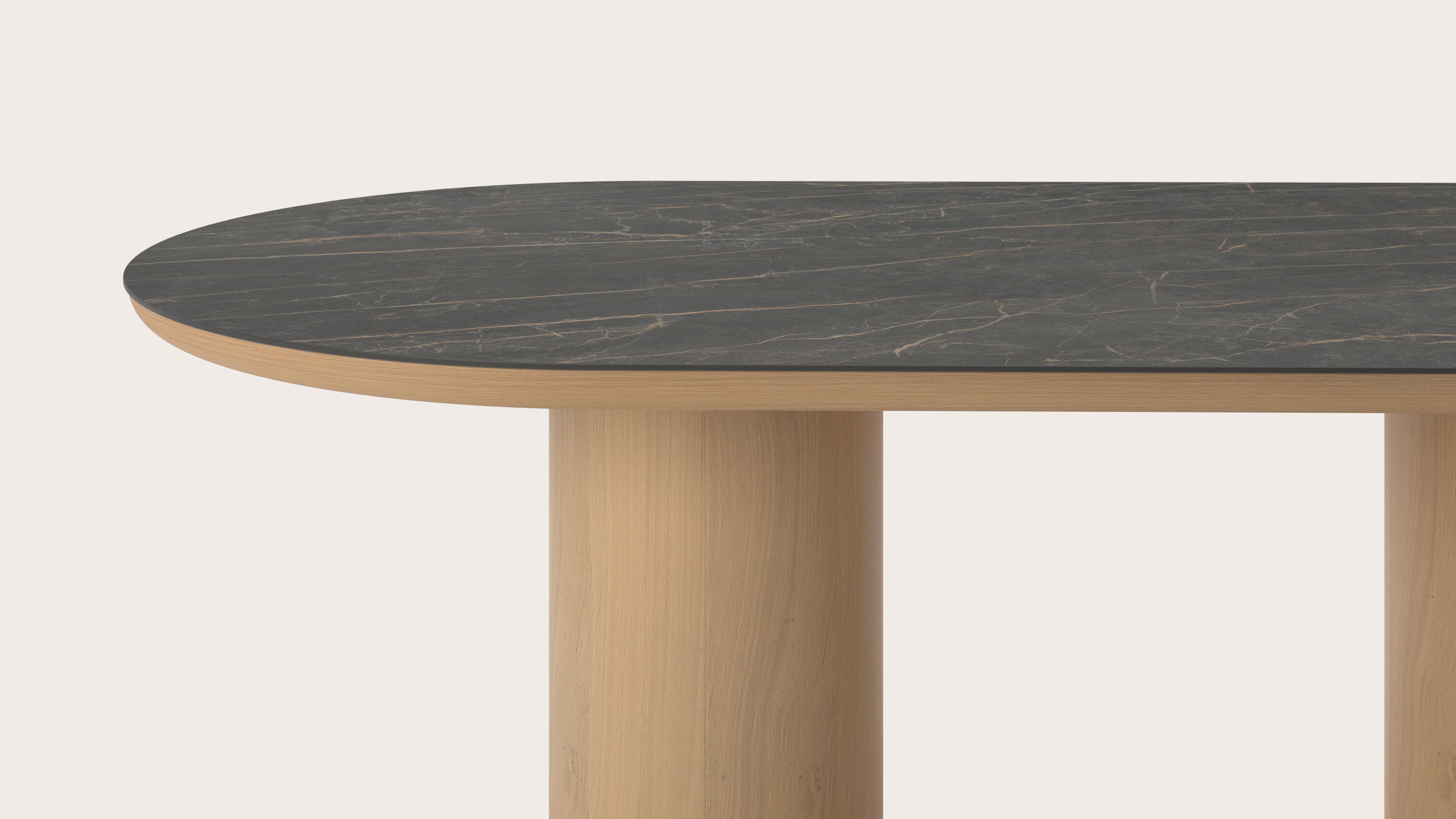 Table de salle à manger Amato Rondo armature en chêne couleur naturelleavec plateau Ceramo ovale plat en céramique en couleur Black Obsession 220 x 110 x 76 cm