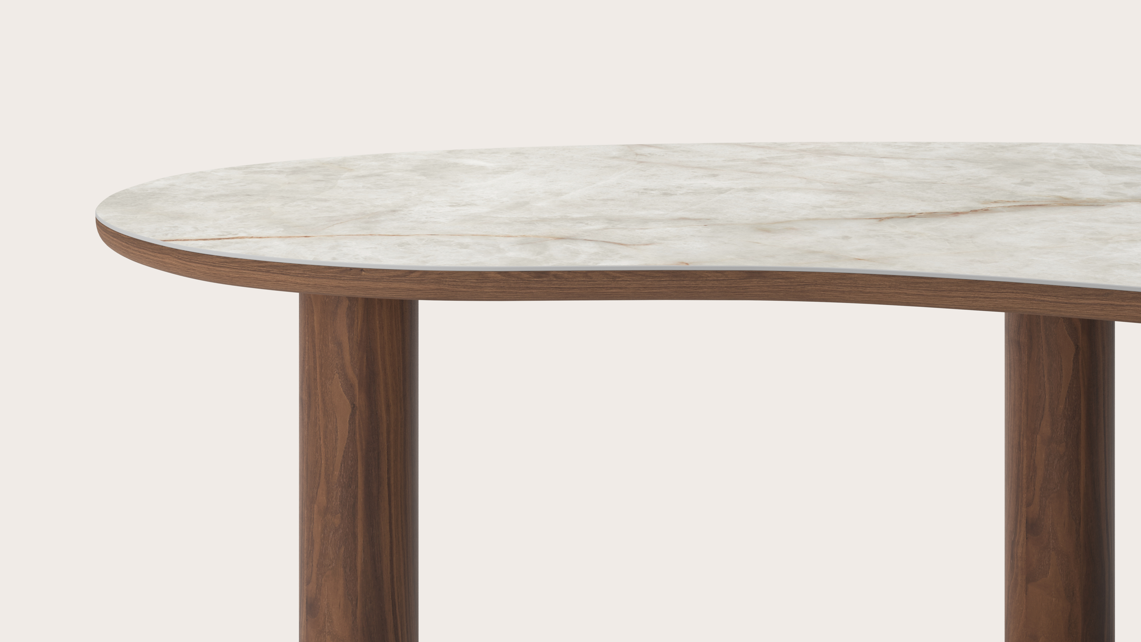 Table de salle à manger Amato Rondo armature en noyer avec plateau Ceramo forme blob en céramique en couleur Himalaya 220 x 112 x 77 cm