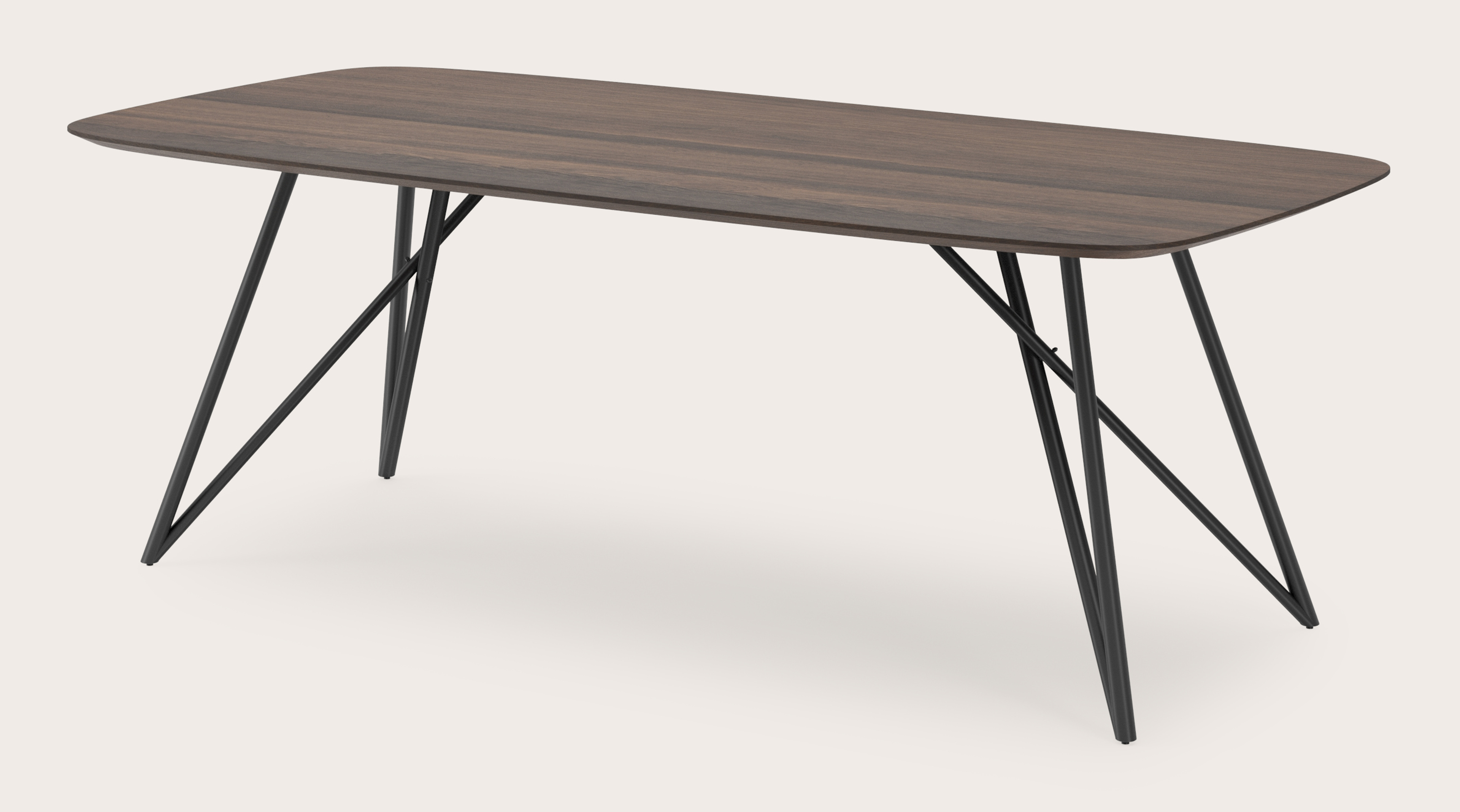 Table de salle à manger Ragno armature en métal noir avec plateau Finesso forme arrondie en chêne fumé 220 x 105 x 77 cm