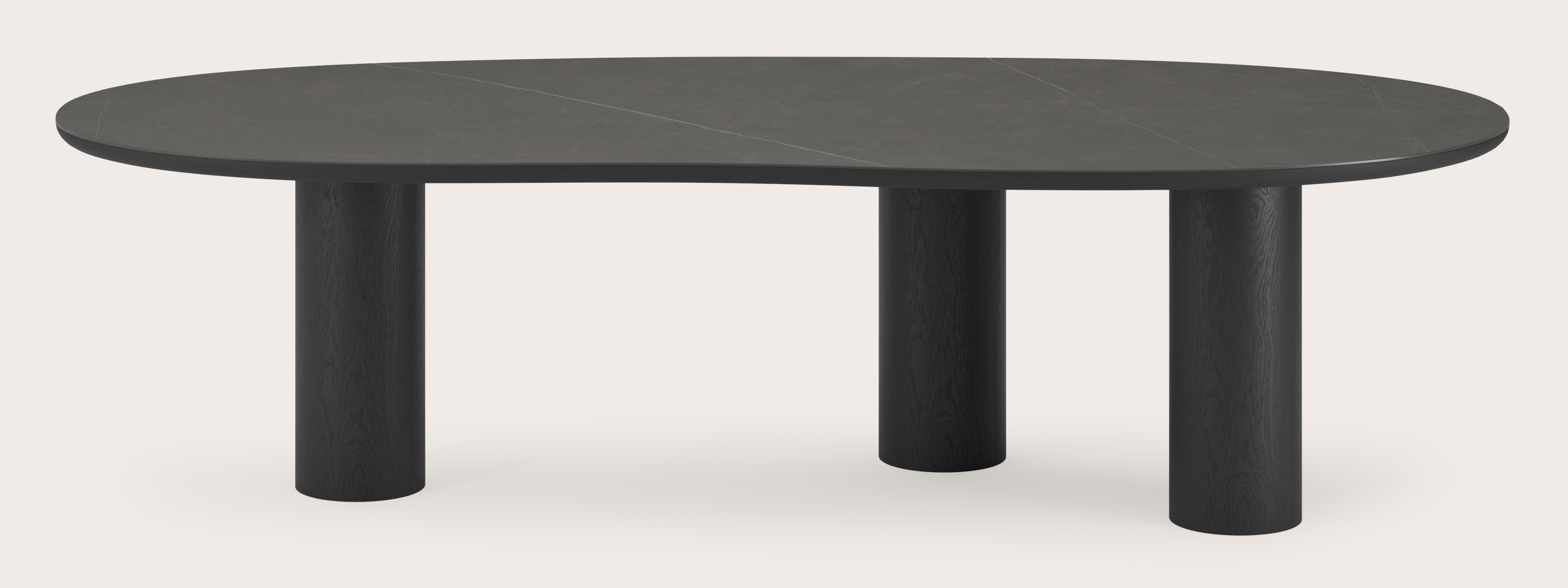 Table de salle à manger Amato Rondo armature en chêne noir avec plateau Ceramo forme blob en céramique en couleur Calatorao 300 x 122 x 77 cm
