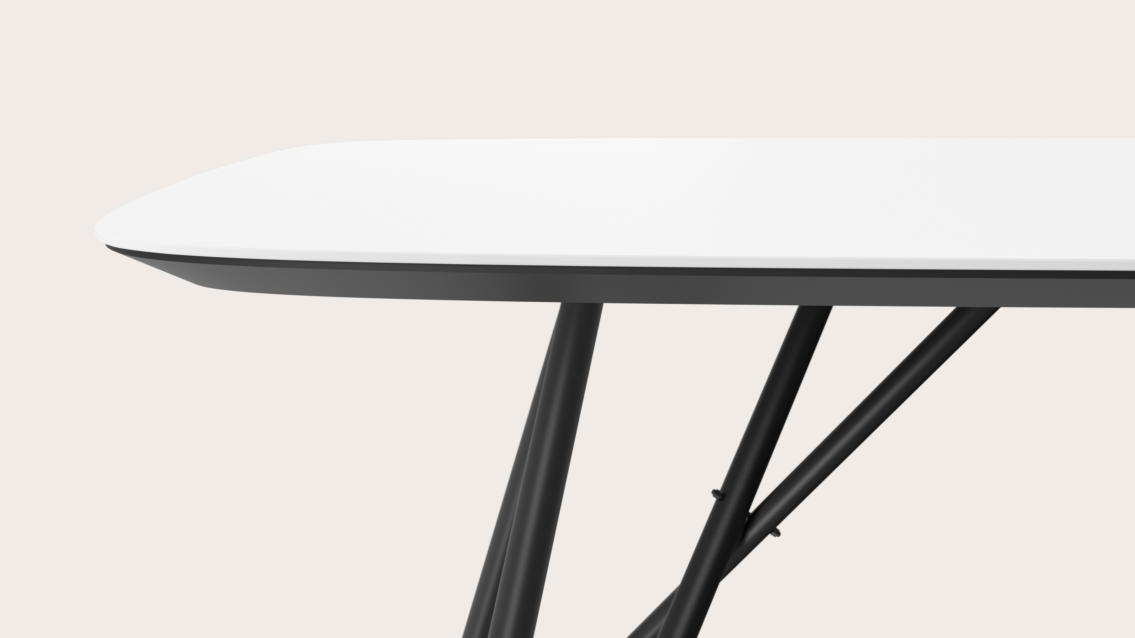 Eettafel Ragno onderstel in zwart metaal met bootvormig volkeramisch Ceramo blad in kleur Arctic White 220 x 105 x 77 cm
