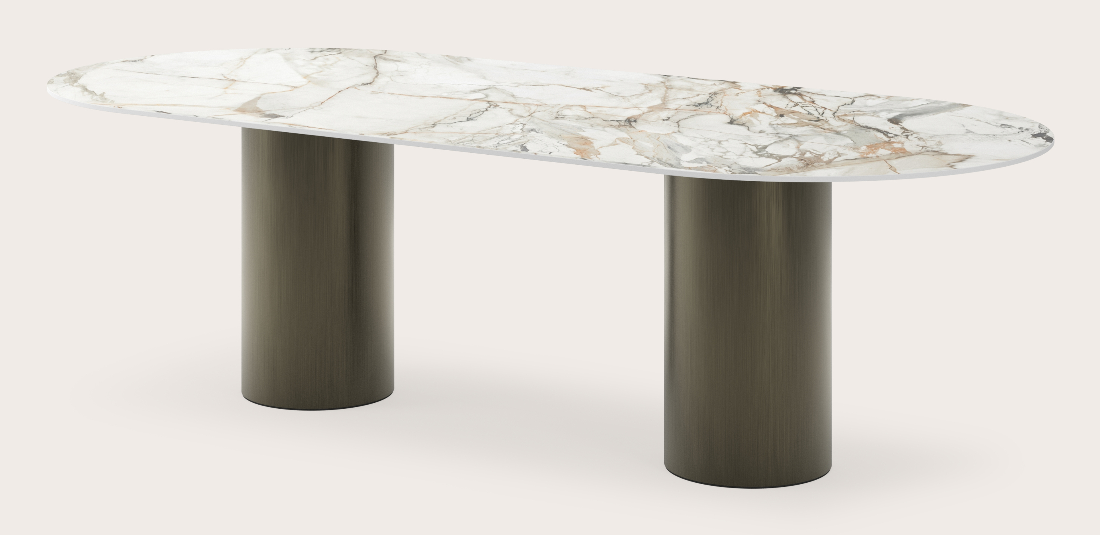 Table à manger Amato Rondo armature en métal bronze avec plateau ovale plat céramique Ceramo Lux en couleur Calacatta Luxe 260x115 cm
