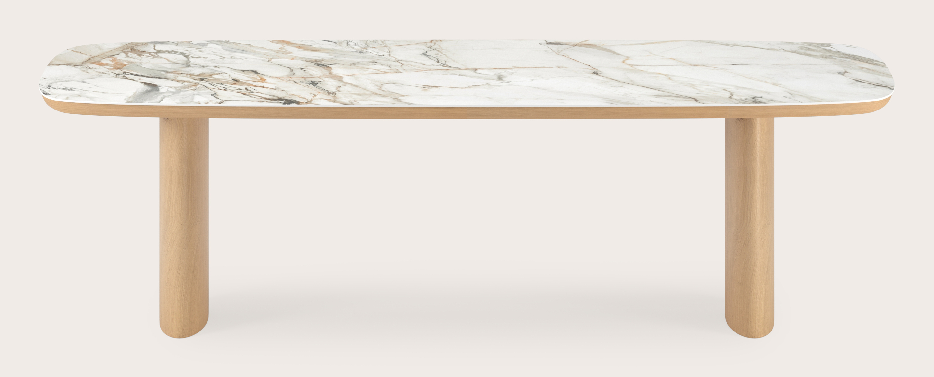 Eettafel Amato Ellipso onderstel in natuurkleurige eik met bootvormig volkeramisch Ceramo blad in kleur Calacatta 260 x 110 x 76 cm