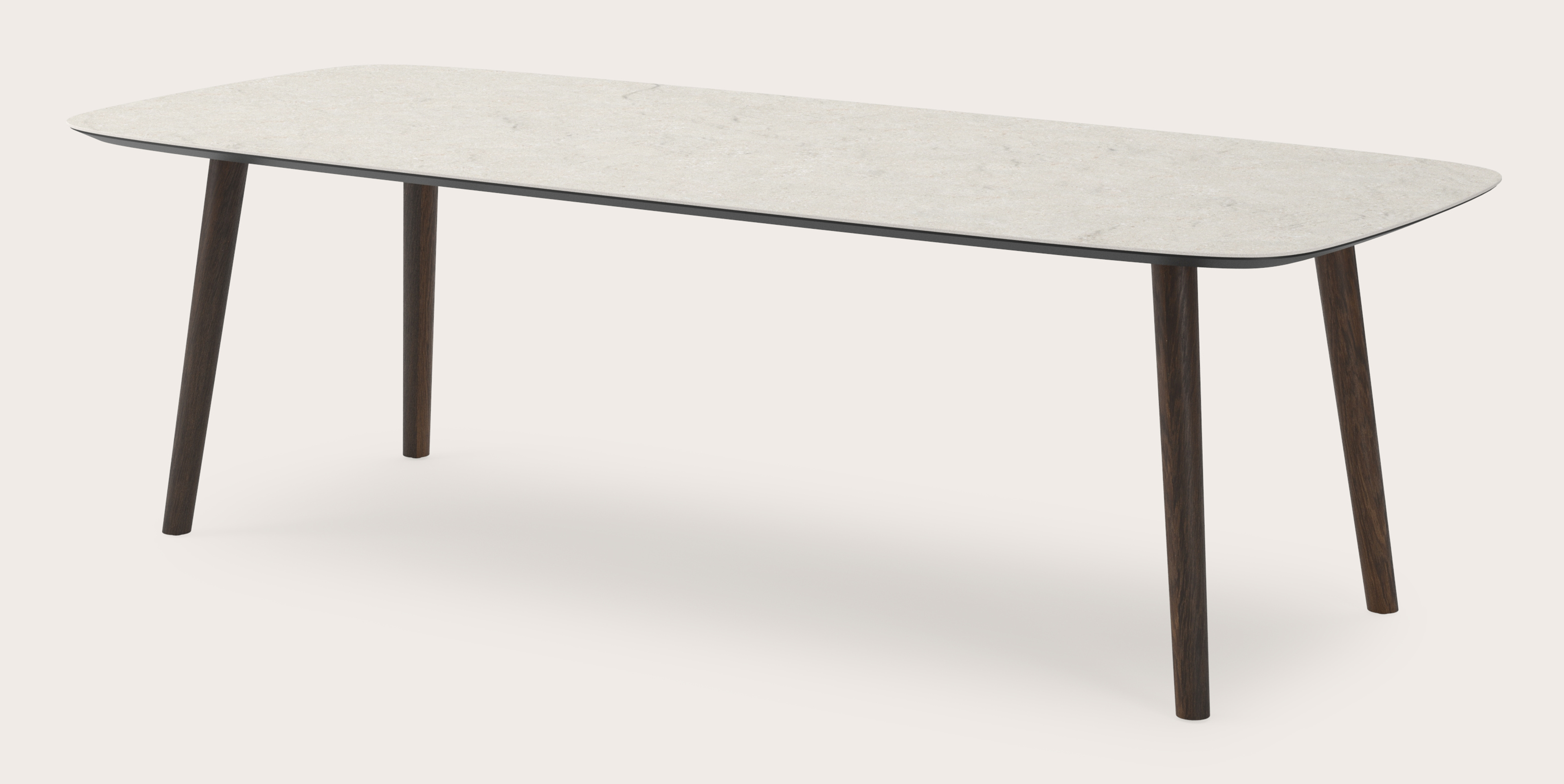 Table de salle à manger Conico armature en chêne fumé avec plateau Ceramo forme arrondie en céramique en couleur Shilin 260 x 110 x 77 cm