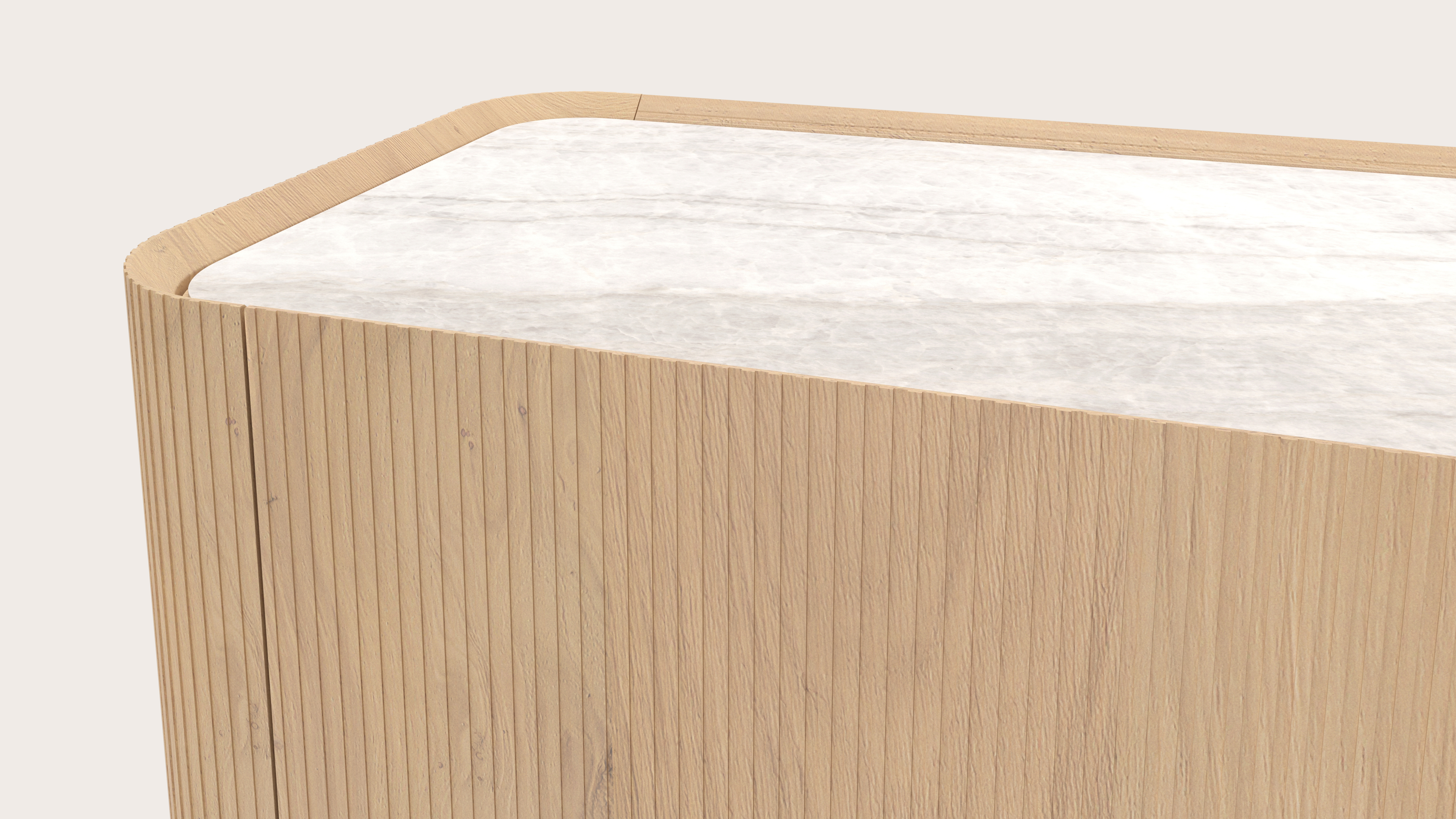 Grivato dressoir in natuurkleurige eik met ronde poten met volkeramisch Ceramo blad in kleur Taj Mahal 169 x 45 cm
