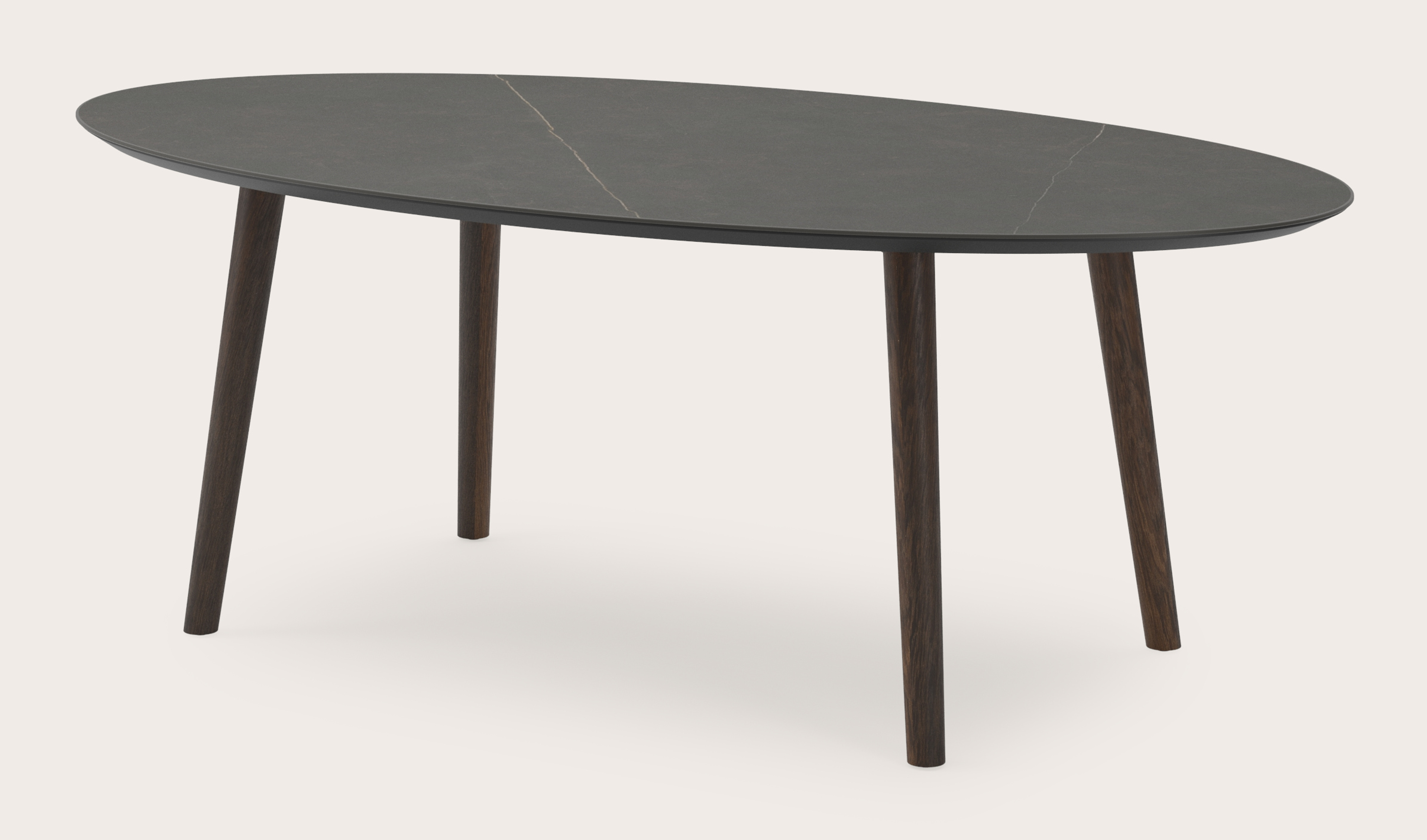 Eettafel Conico onderstel in gerookte eik met ovaal volkeramisch Ceramo blad in kleur Calatorao 220 x 120 x 77 cm
