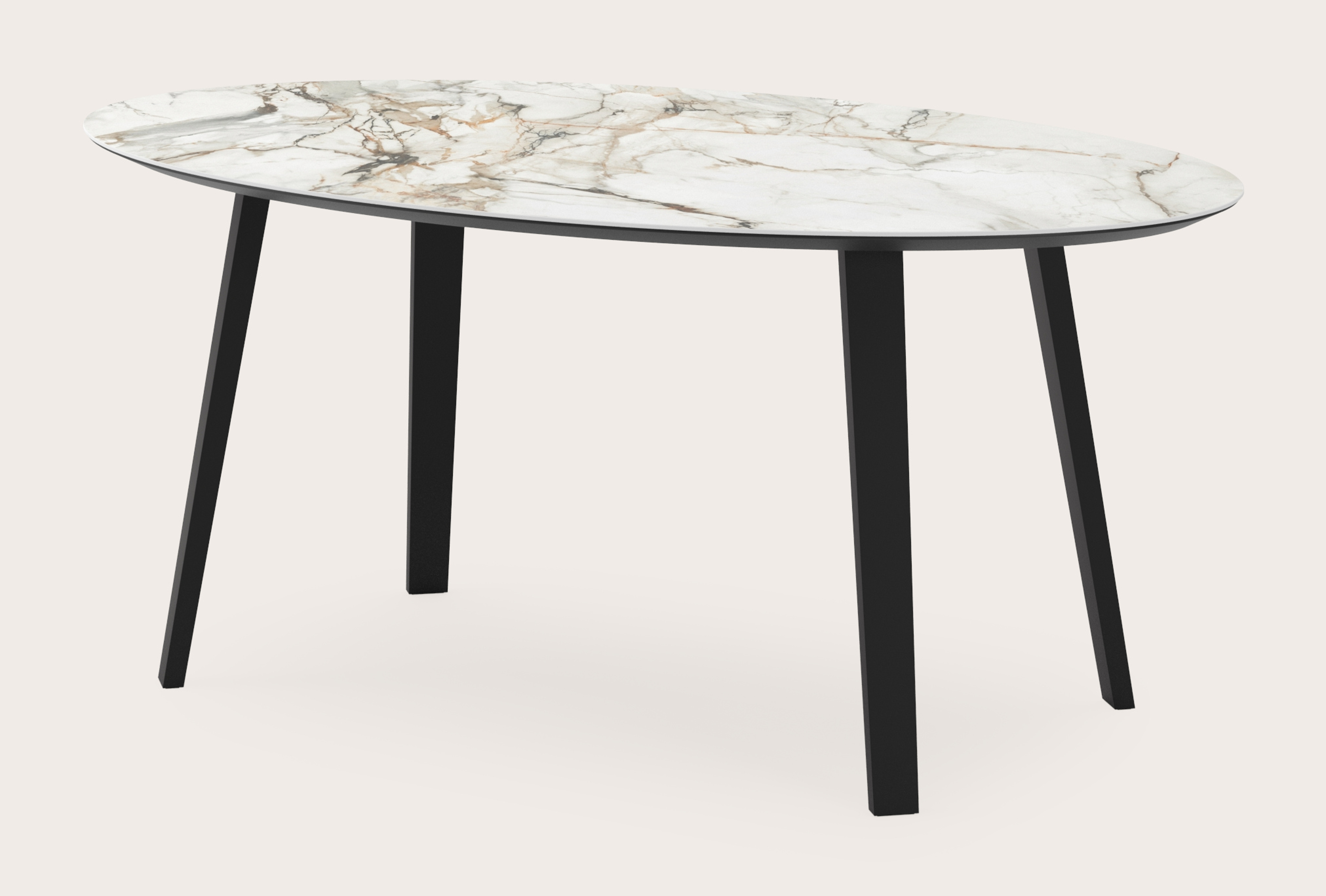 Eettafel Clino onderstel in zwart metaal met ovaal volkeramisch Ceramo blad in kleur Calacatta Luxe  180 x 110 x 77 cm