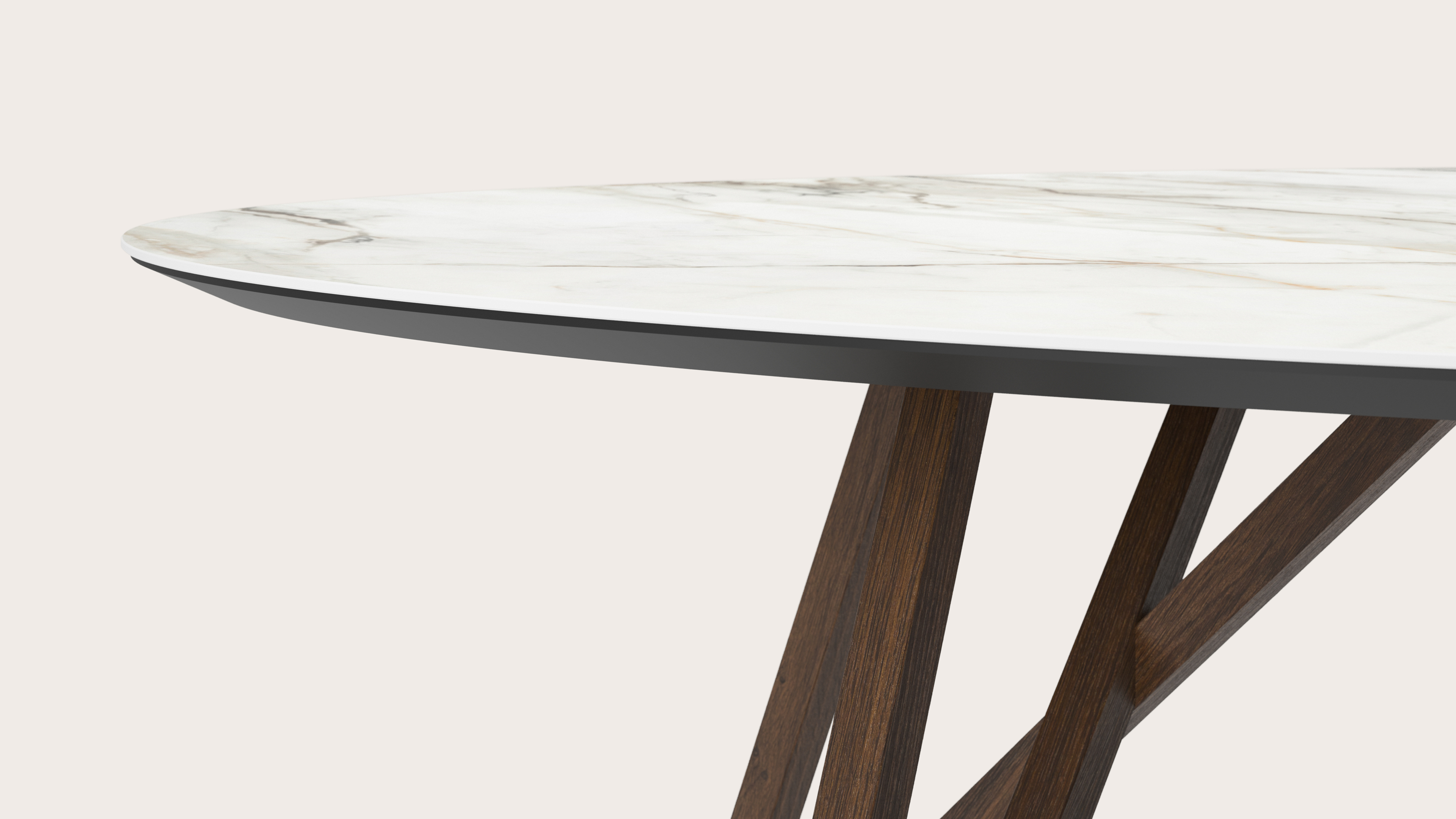 Table de salle à manger Ragno armature en chêne fumé avec plateau Ceramo ovale en céramique en couleur Calacatta Luxe 300 x 140 x 77 cm