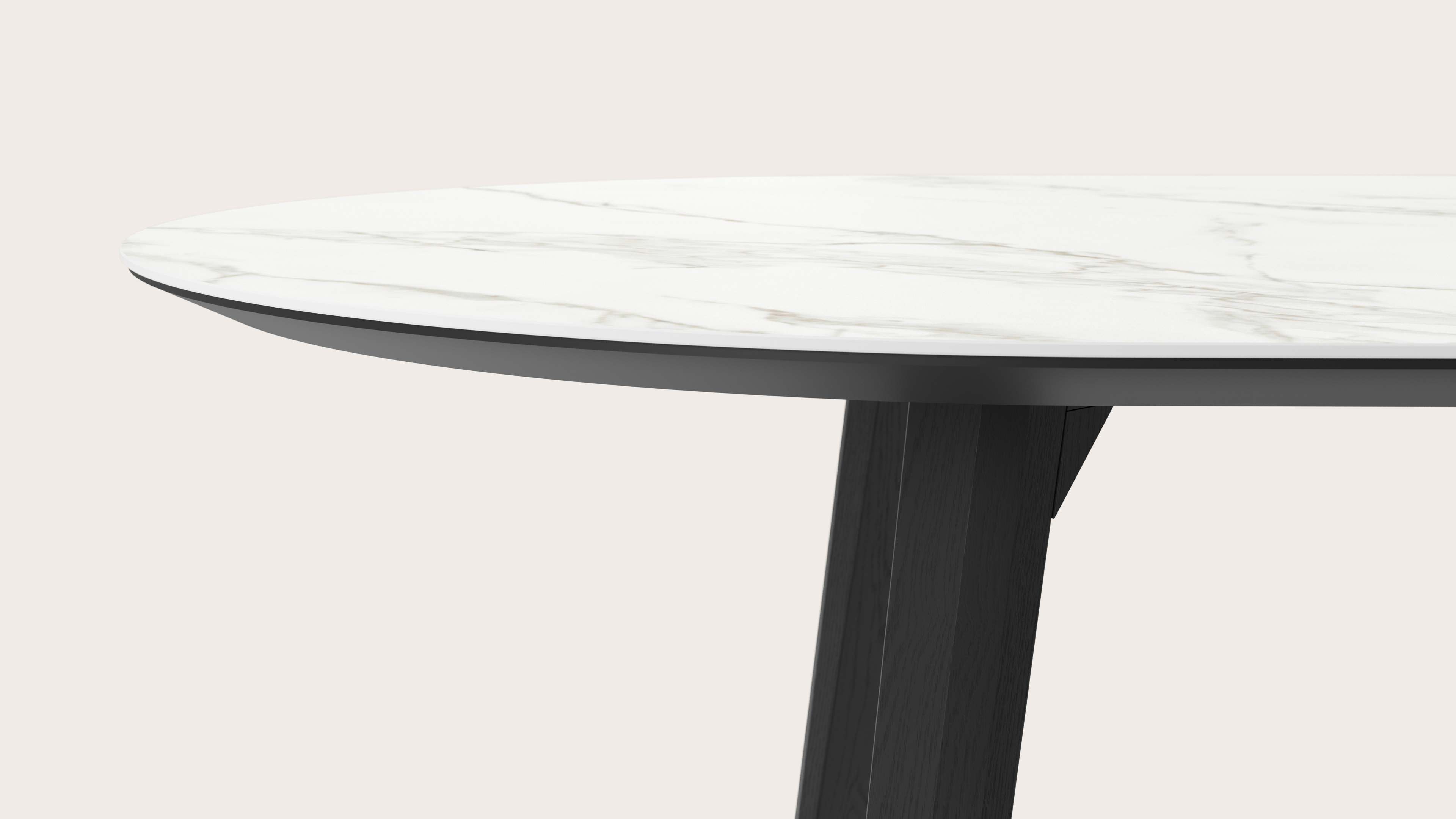 Eettafel Clino onderstel in zwarte eik met plat ovaal volkeramisch Ceramo blad in kleur Calacatta 220 x 110 x 77 cm