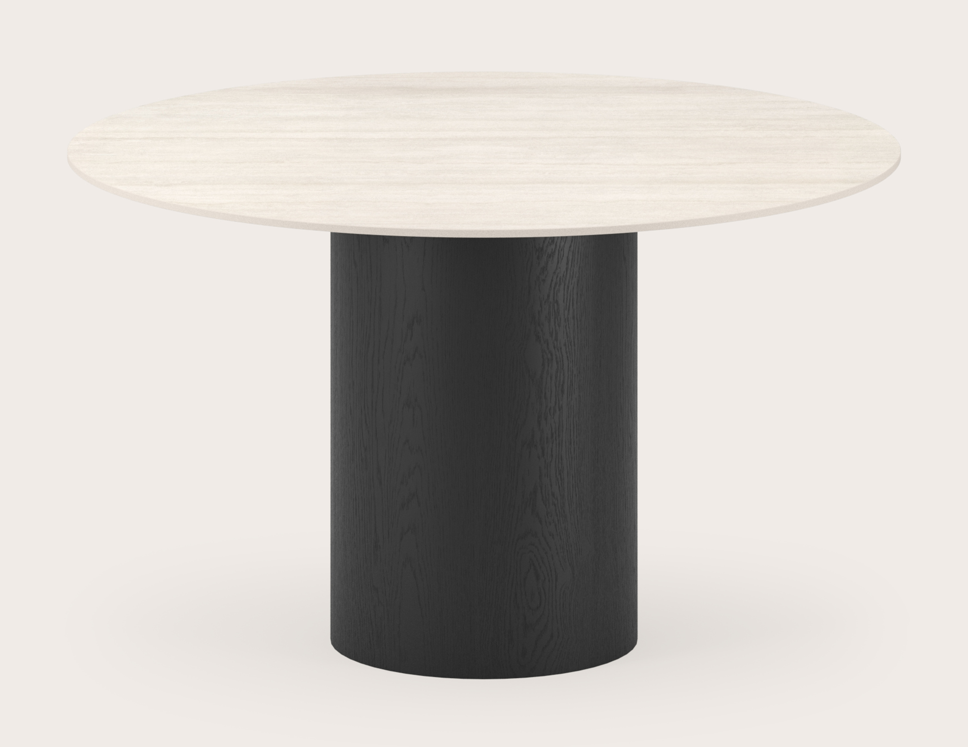 Eettafel Amato Rondo onderstel in zwarte eik met rond volkeramisch Ceramo Lux eettafelblad in kleur Travertino Bianco Ø130 cm