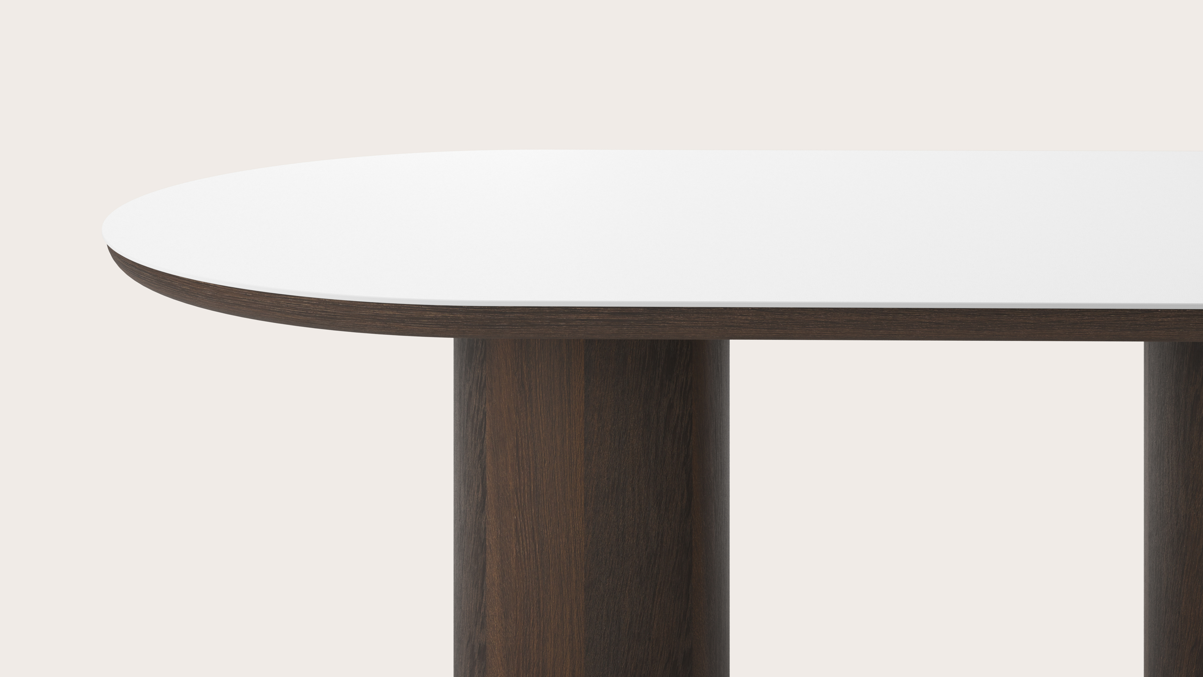 Eettafel Amato Rondo onderstel in gerookte eik met plat ovaal volkeramisch Ceramo blad in kleur Arctic White 220 x 110 x 76 cm