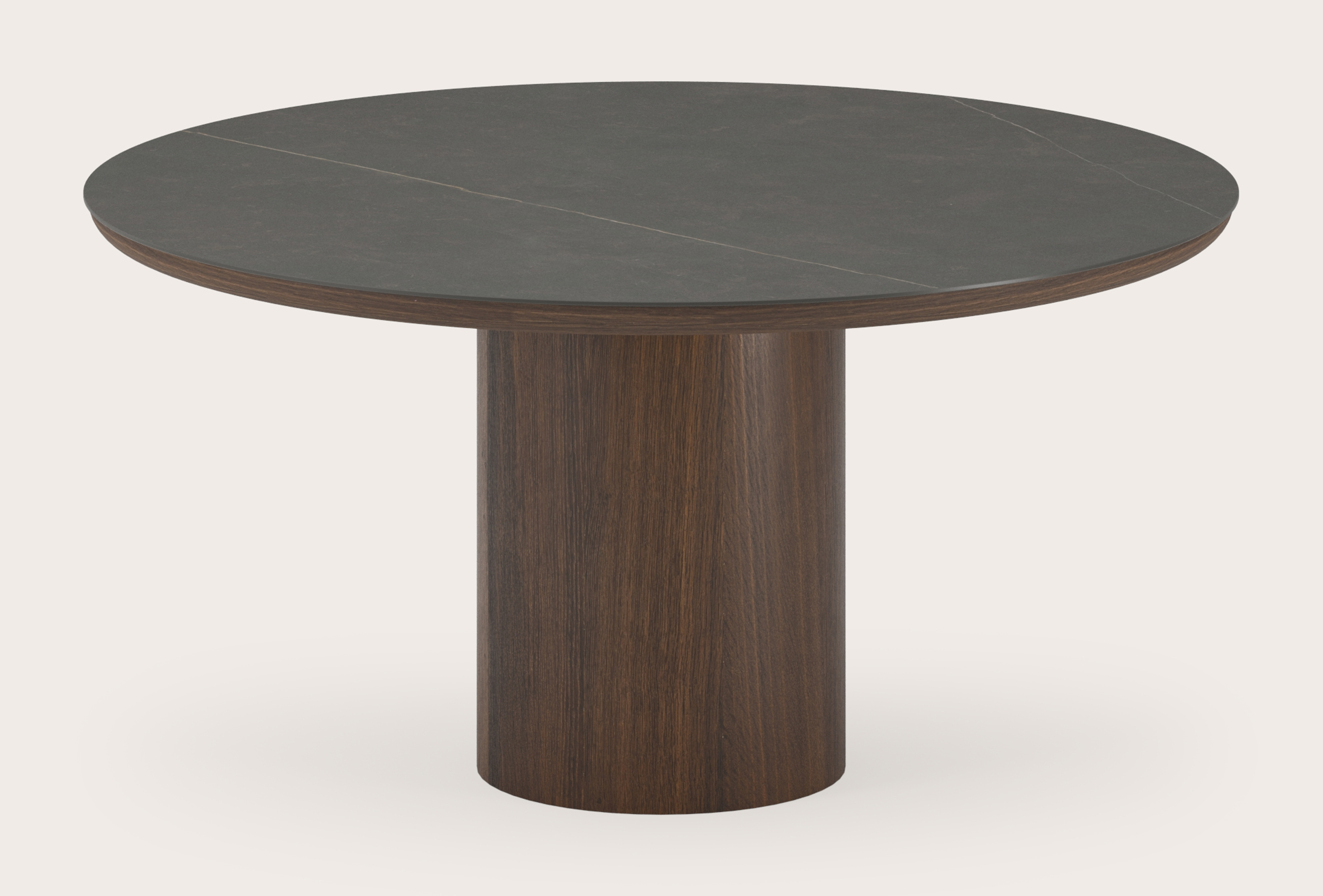 Table de salle à manger Amato Rondo armature en chêne fumé avec plateau Ceramo rond en céramique en couleur Calatorao Ø150 x 76 cm