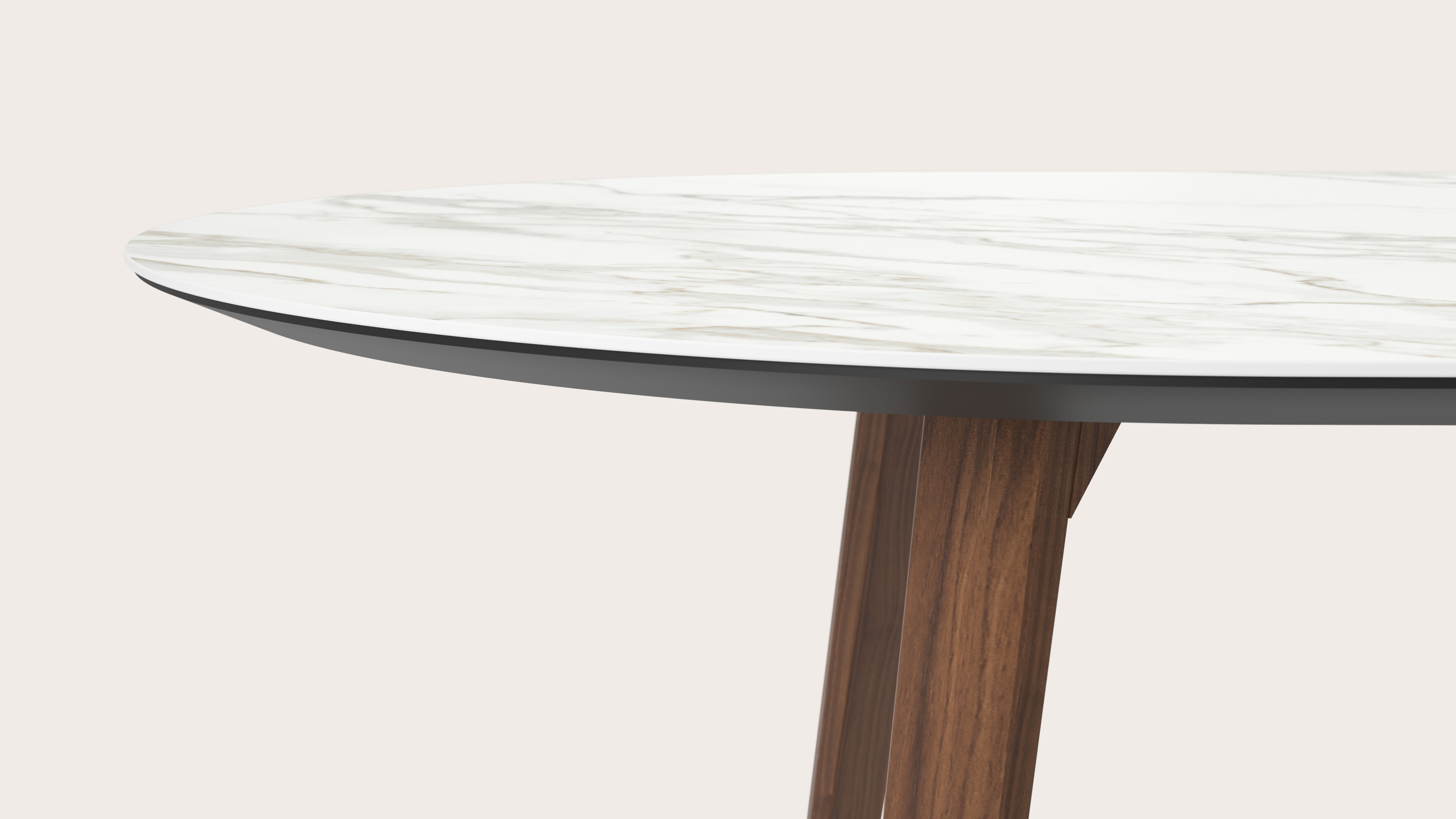 Table de salle à manger Clino armature en noyer avec plateau Ceramo ovale plat en céramique en couleur Calacatta 300 x 120 x 77 cm