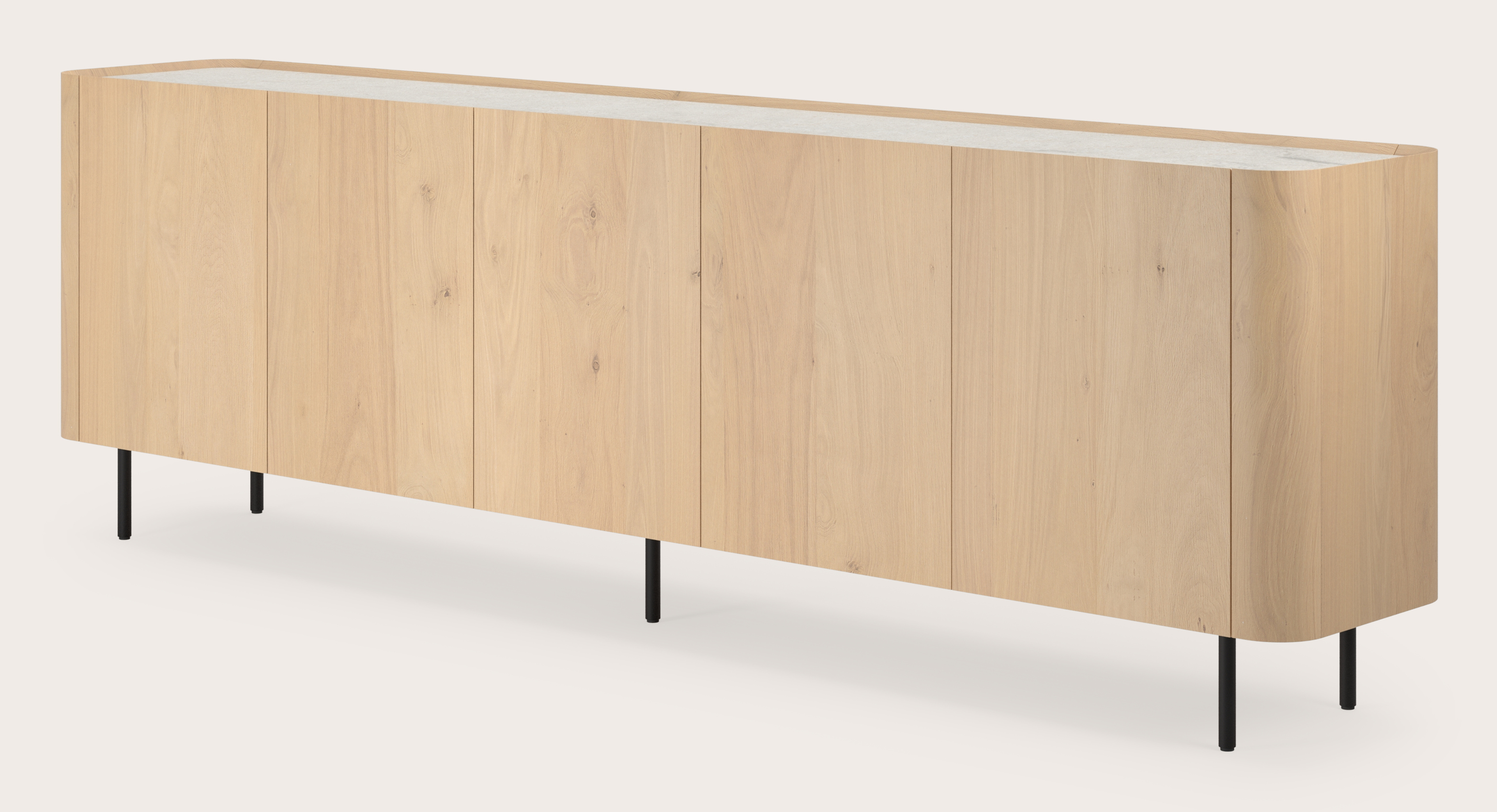 Buffet Curvato en chêne couleur naturelle avec pieds ronds en métal avec plateau Ceramo en céramique en couleur Shilin 269 x 45 x 84 cm