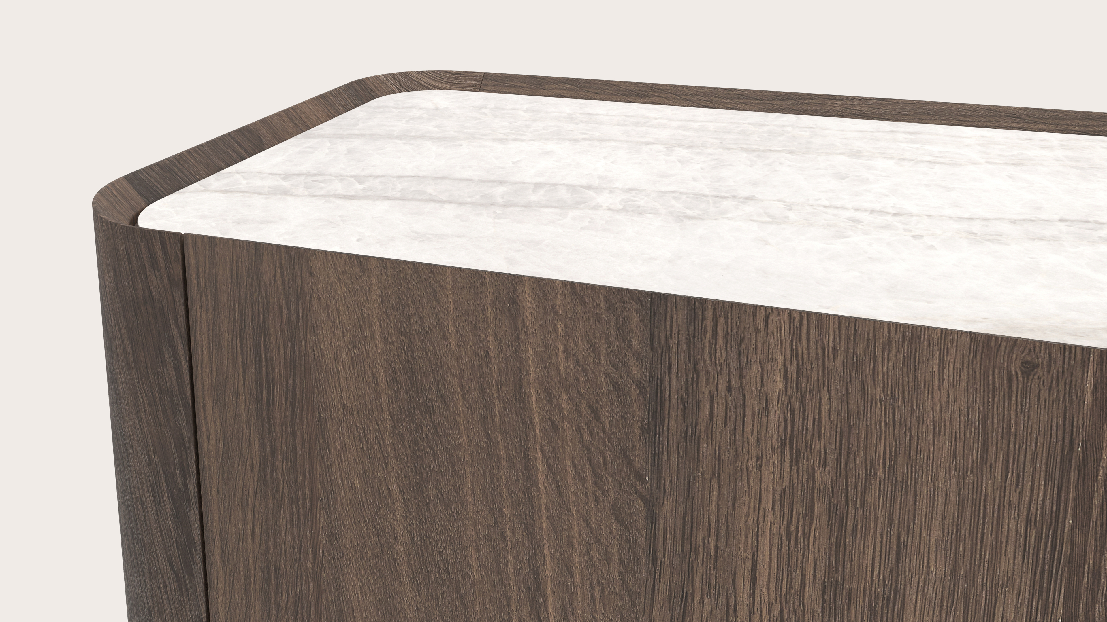 Curvato dressoir in gerookte eik met ronde houten poten met volkeramisch Ceramo blad in kleur Taj Mahal 203 x 45 x 76 cm