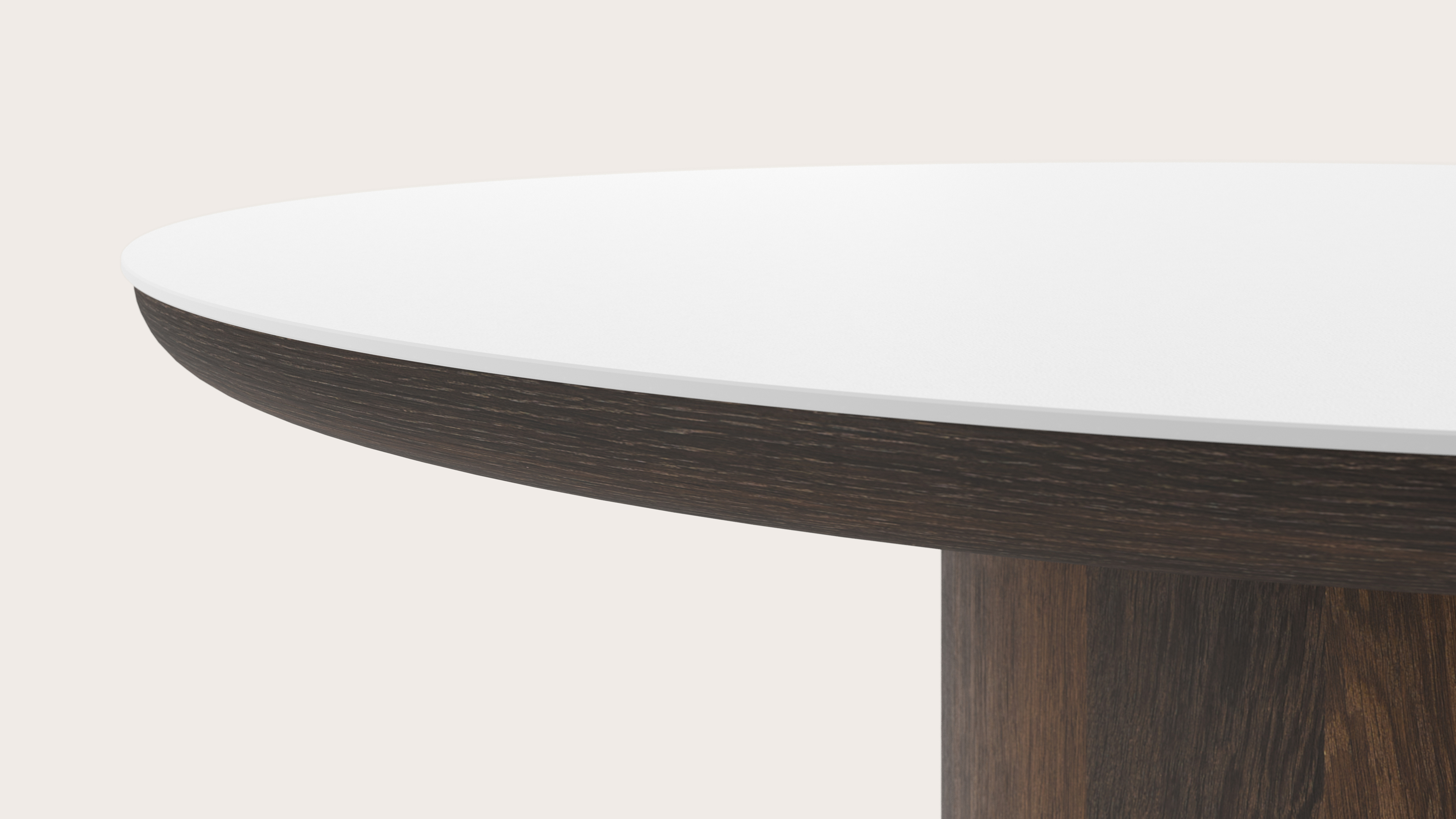 Table de salle à manger Amato Rondo armature en chêne fumé avec plateau Ceramo rond en céramique en couleur Arctic White Ø130 x 76 cm