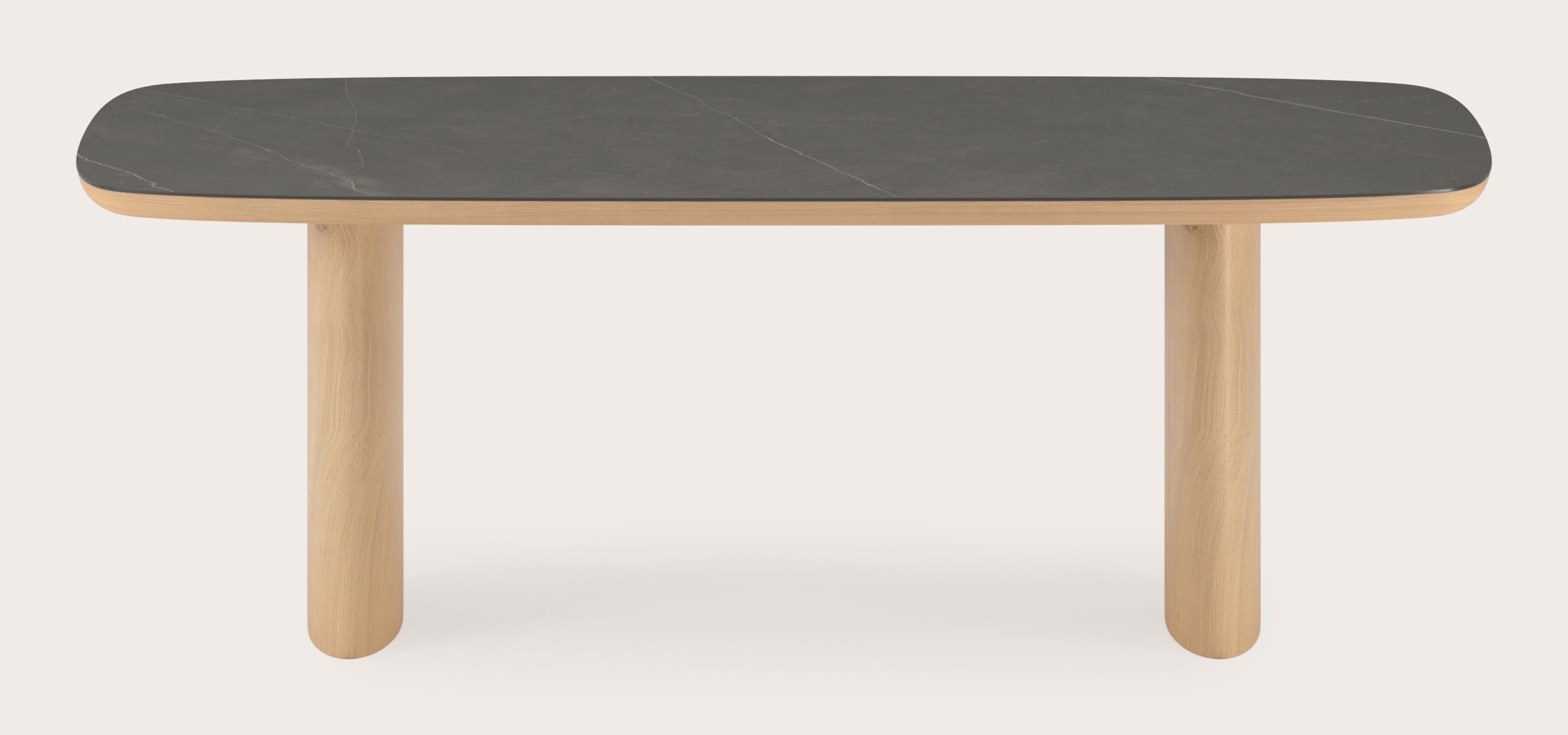 Eettafel Amato Ellipso onderstel in natuurkleurige eik met bootvormig volkeramisch Ceramo blad in kleur Calatorao 220 x 105 x 76 cm