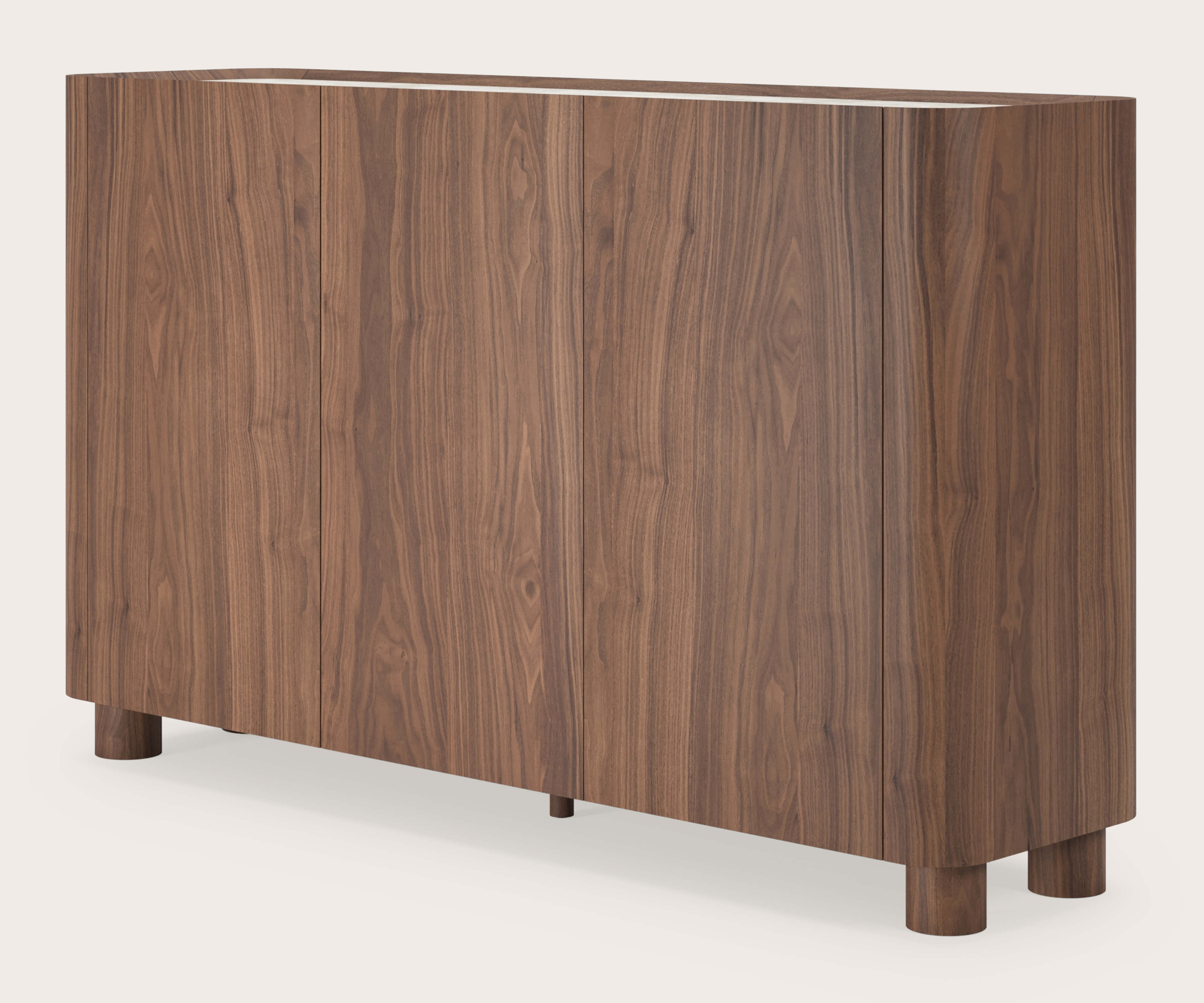 Curvato hoge dressoir in walnoot met ronde houten poten met volkeramisch Ceramo blad in kleur Himalaya 169 x 45 x 102 cm