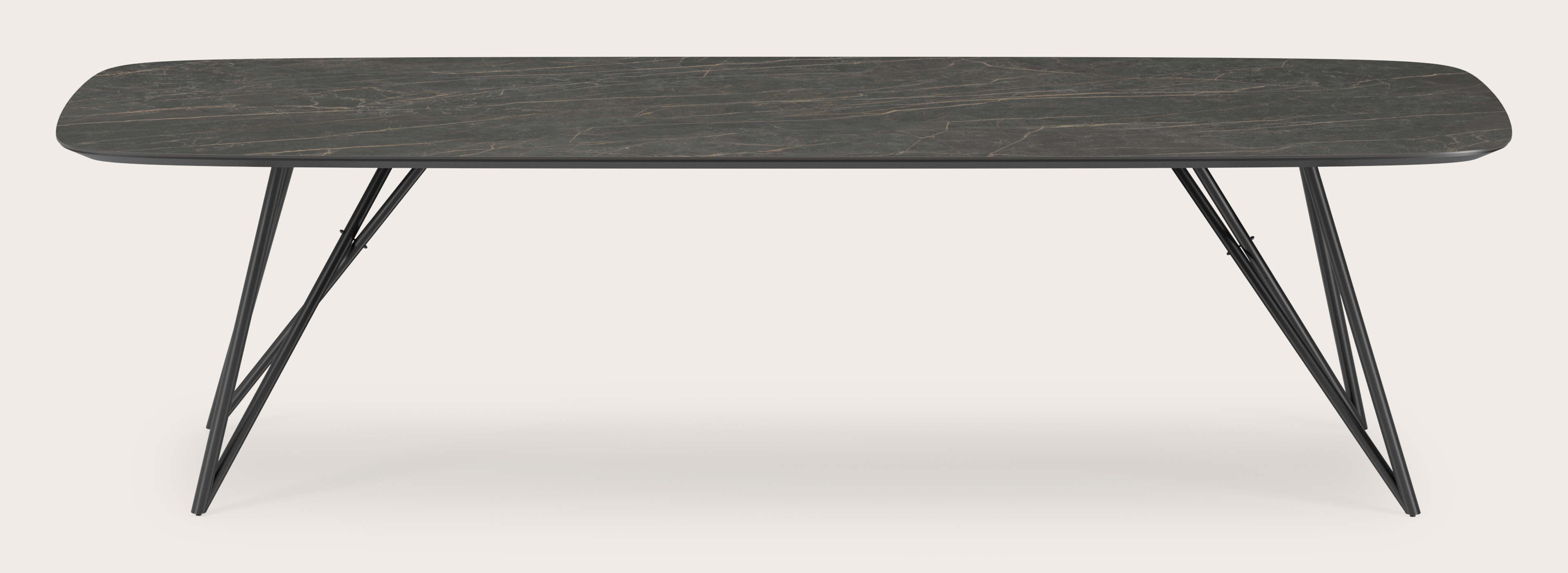 Table de salle à manger Ragno armature en métal noir avec plateau Ceramo forme arrondi en céramique en couleur Black Obsession 300 x 115 x 77 cm