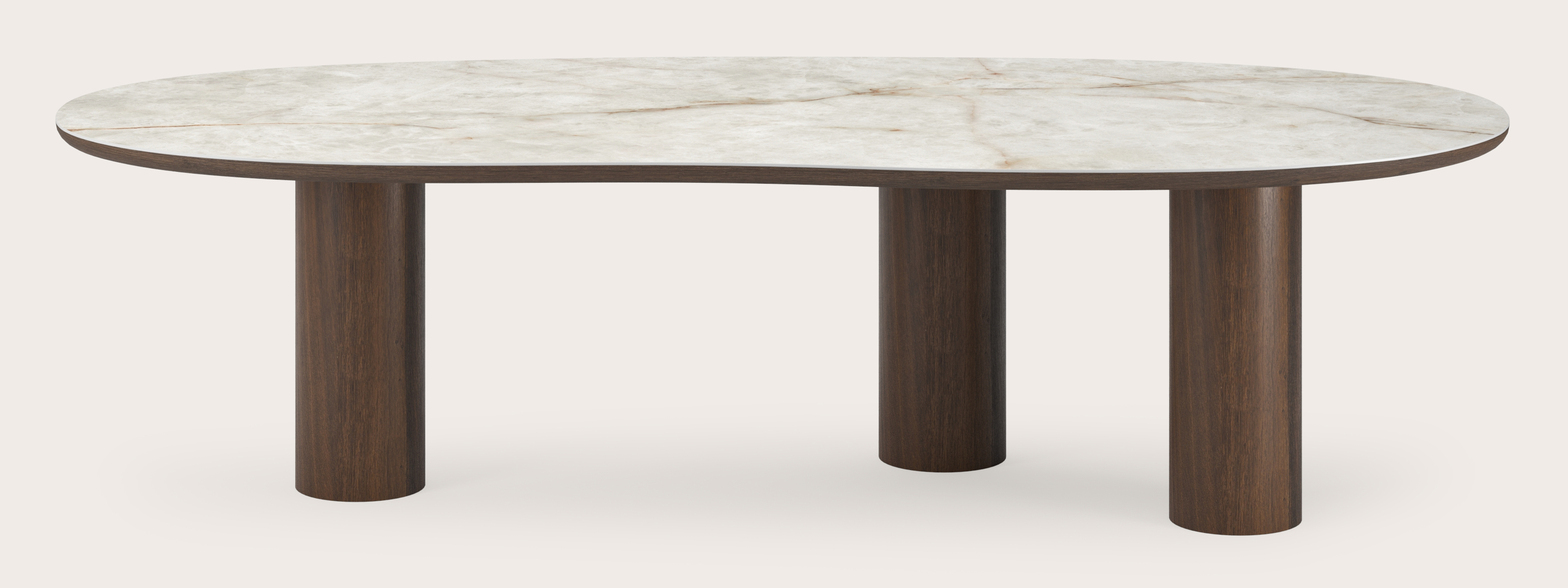 Table de salle à manger Amato Rondo armature en chêne fumé avec plateau Ceramo forme blob en céramique en couleur Himalaya 300 x 122 x 77 cm