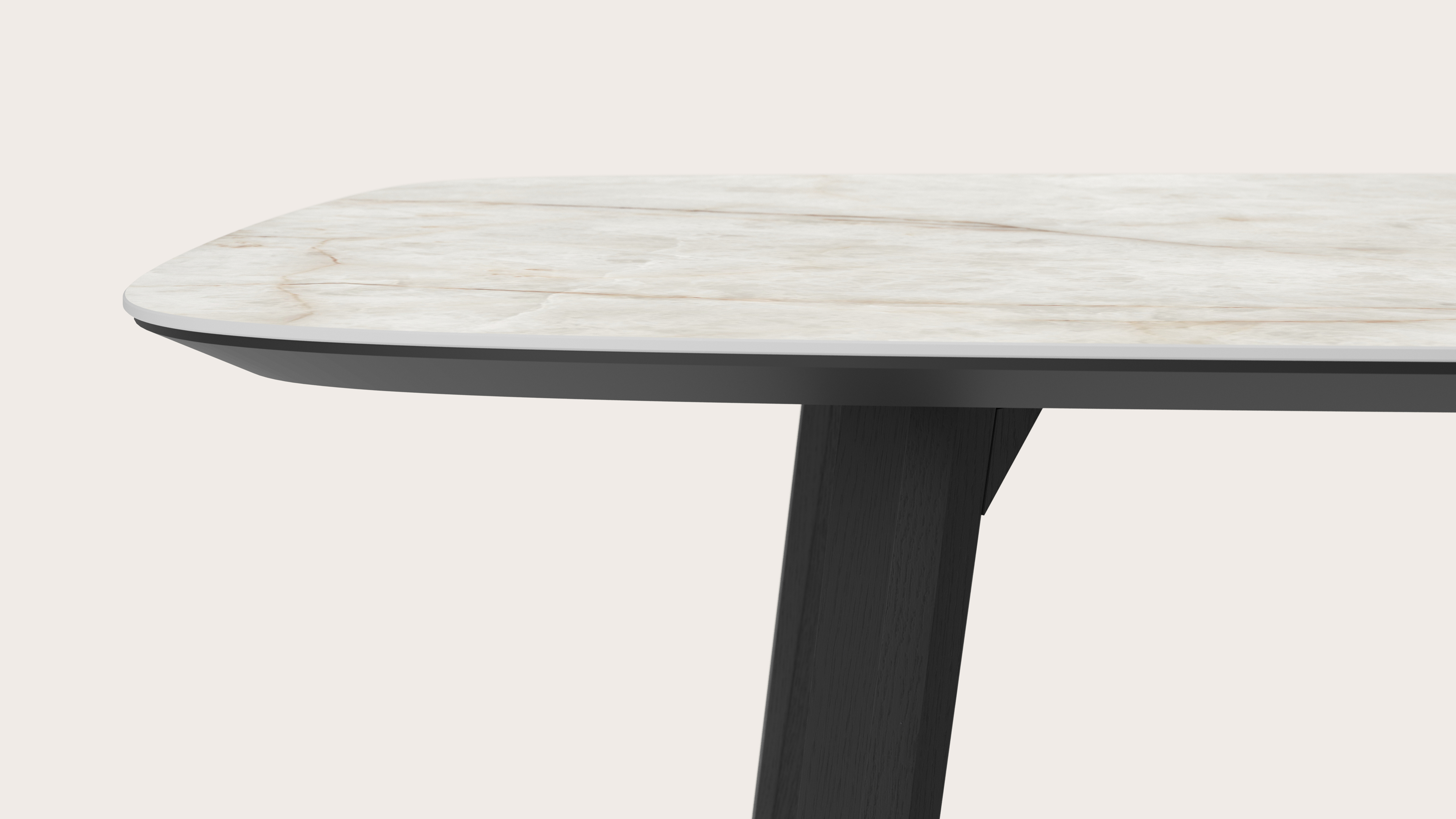 Table de salle à manger Clino armature en chêne noir avec plateau Ceramo forme arrondi en céramique en couleur Himalaya 300 x 115 x 77 cm